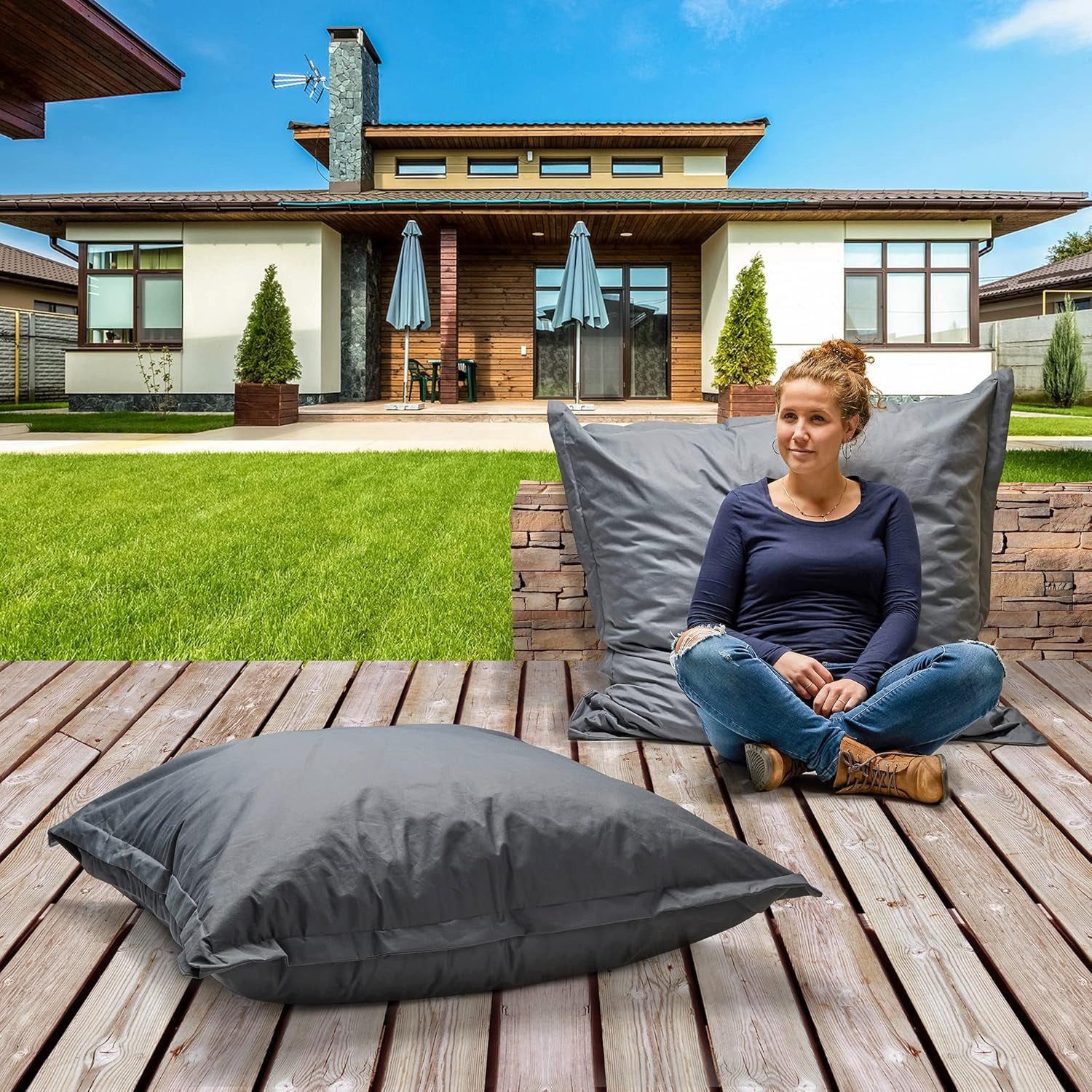 Fachhandel Plus Sitzkissen Fachhandel Plus XL Outdoor-Sitzsack grau, wasserabweisend, Wasserabweisende Beschichtung und verstärkte Nähte