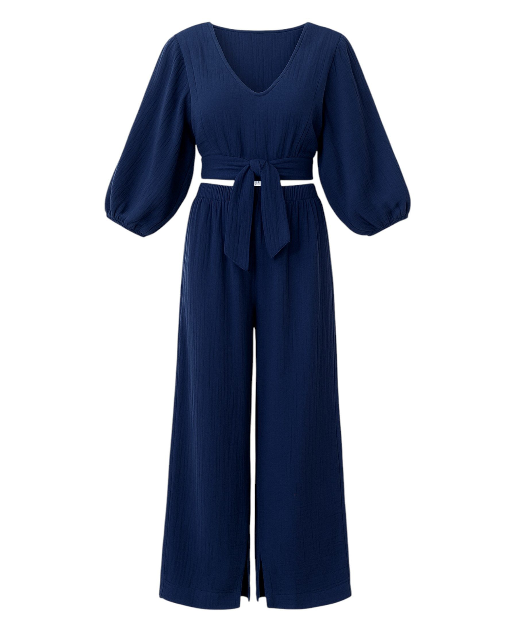 WENOR Crop-Top Set Damen Musselin-Zweiteiler mit Hose, Wickel-Top & V-Ausschnitt (2-tlg., Zweiteiliges Set) Bindeband vorn, Raffdetails an Schultern