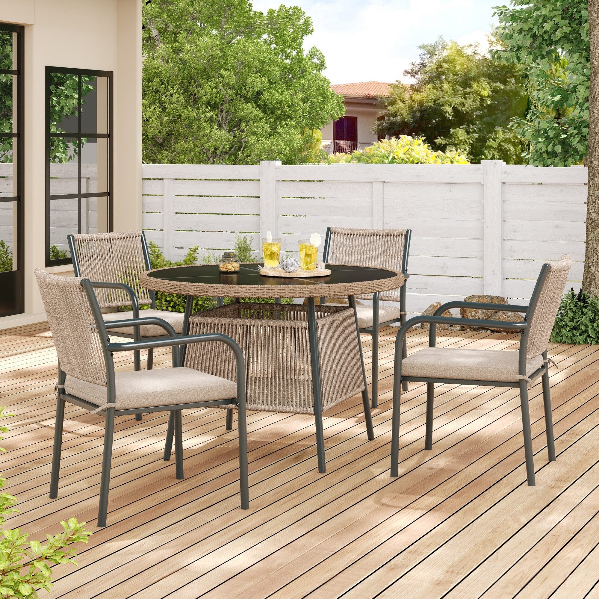 OKWISH Sitzgruppe Stuhl-Set 5-tlg. mit rundem Tisch 110x74 cm, 4 Armlehnstühle, (Set, 5-tlg., Modernes Gartenmöbel-Set aus Rattan), Eisengestell, Geeignet für Terrasse/Balkon/Deck