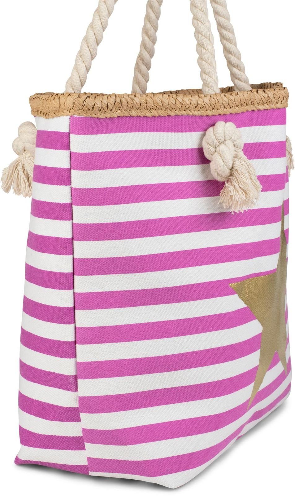 und / breiten styleBREAKER Streifen Strandtasche mit (1-tlg), Pink-Weiß Strandtasche Stern Gold