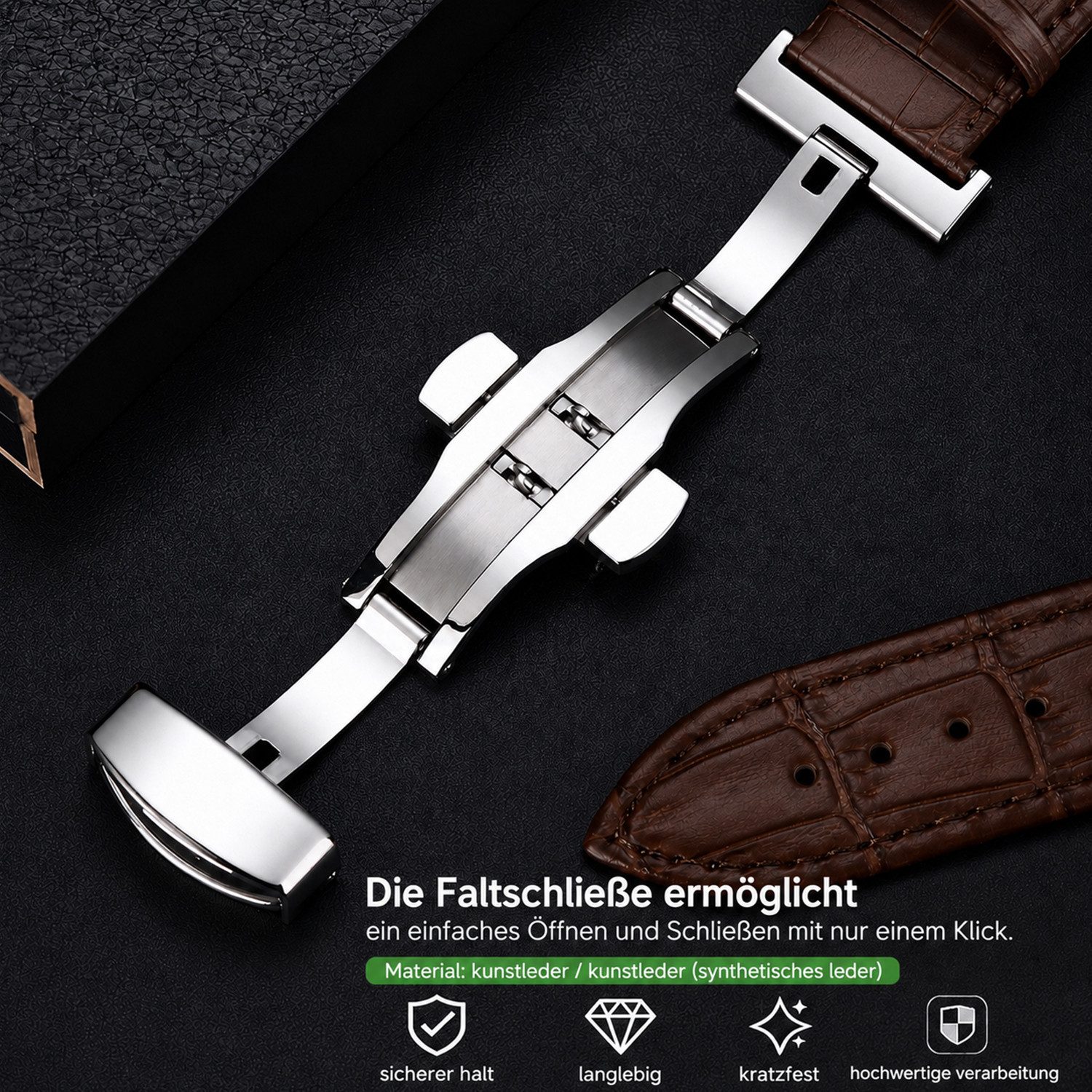 BOOD Uhrenarmband Leder‑Uhrenarmband mit Schmetterlingsschnalle,20/22mm Breiten,5 Farben – Bild 4 von 5