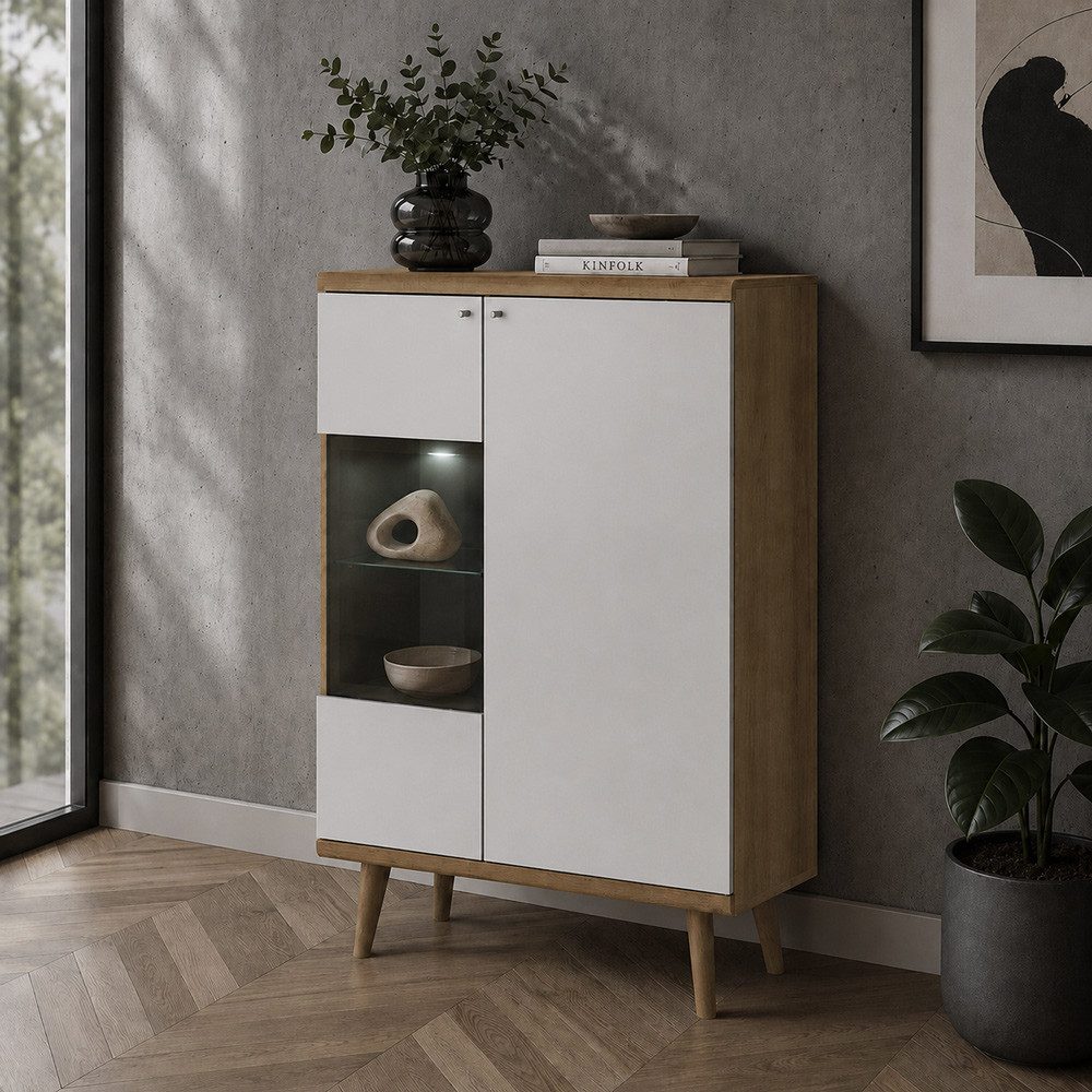 Lomadox Highboard POSITANO-160, inkl. Beleuchtung, in Weiß mit Eiche, Retro-Design