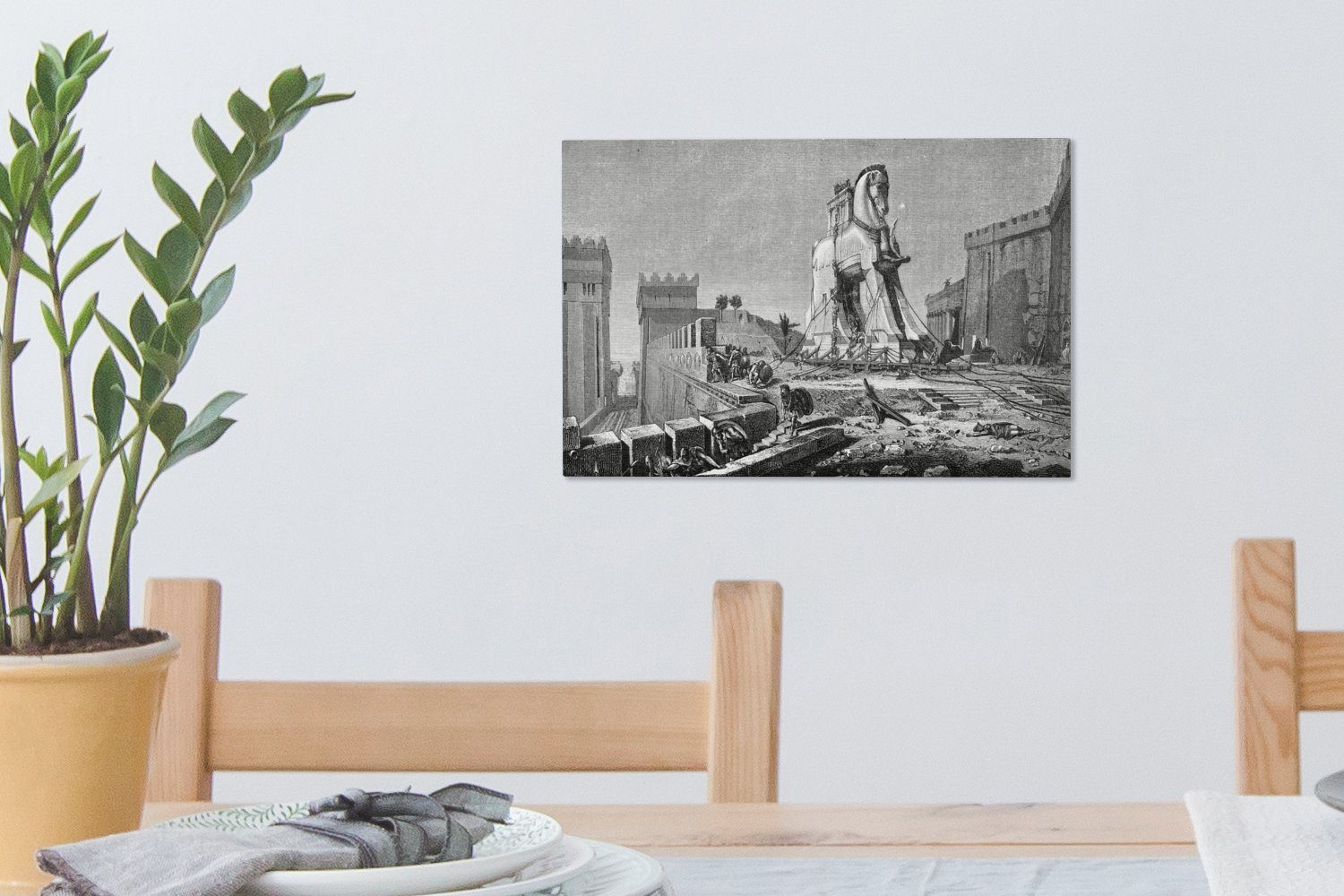 antike Illustration Wanddeko, Pferdes, Eine Trojanischen OneMillionCanvasses® Leinwandbilder, St), (1 30x20 cm schwarz-weiße des Leinwandbild Aufhängefertig, Wandbild