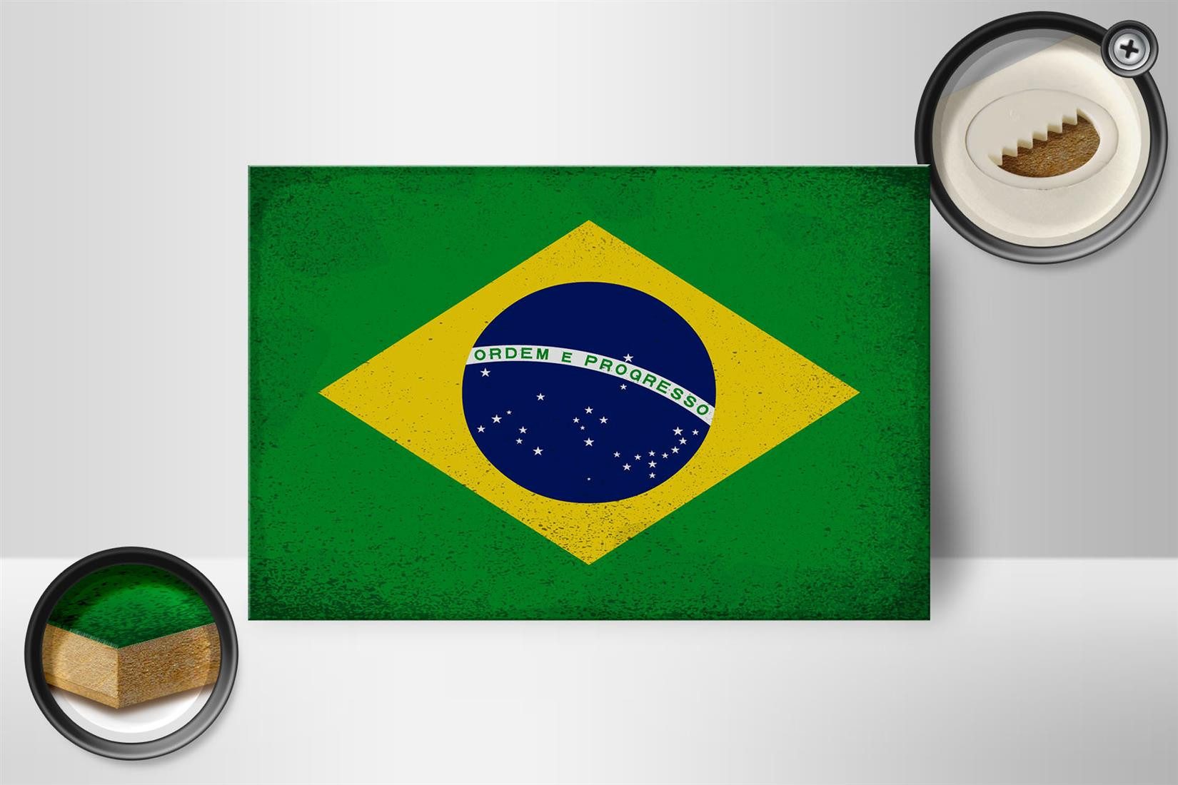 Femer GmbH Holzbild Flagge Brasilien 18x12cm Flag of Brazil Vintage, Flaggen (1 St), Glatte Holzfaserplatte (MDF), vorn beschichtet
