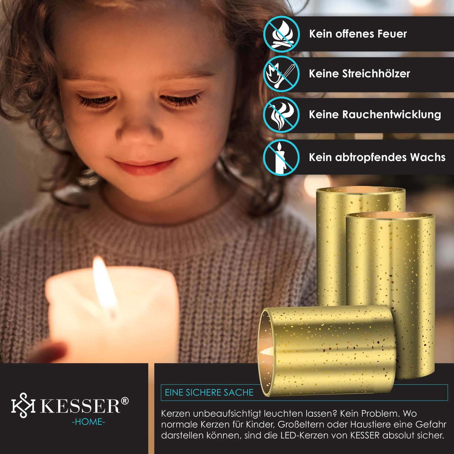 KESSER LED-Kerze, 3er Set flammenlose & flackernde Echtwachs Kerze mit Timerfunktion