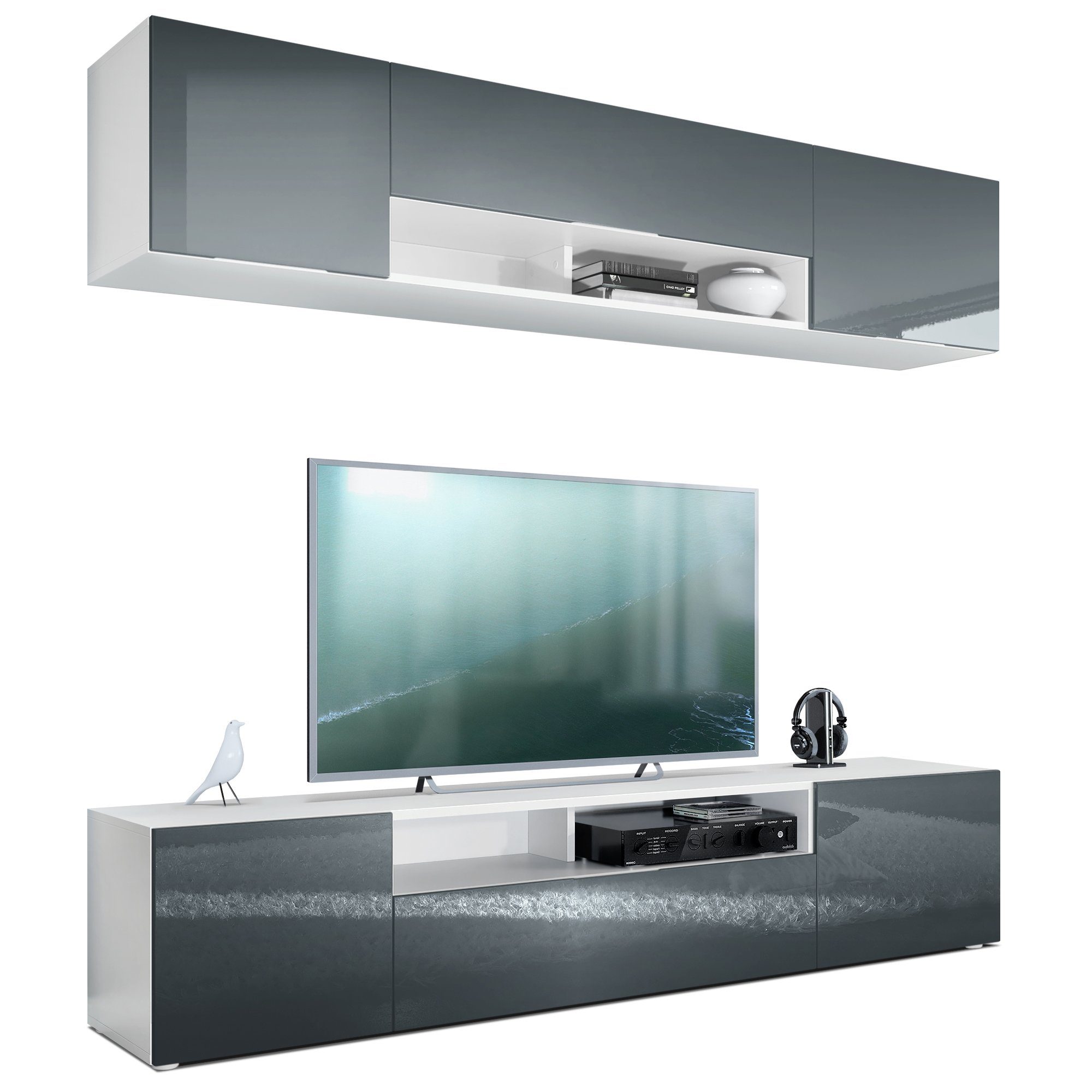Vladon Wohnwand Mogan, (Anbauwand bestehend aus 2 TV-Boards, mit jeweils 2 Türen, 1 Klappe und 1 offenes Fach), Weiß matt/Grau Hochglanz 2x (181 x 39 x 35 cm)