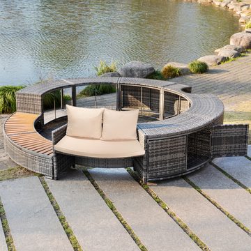 XDOVET Whirlpool Spa-Pool, Poolumrandung, PE-graues Rattan und Akazienholz, Stauraum, Lounge-Set, mit verstellbaren Füßen mit Stauraum