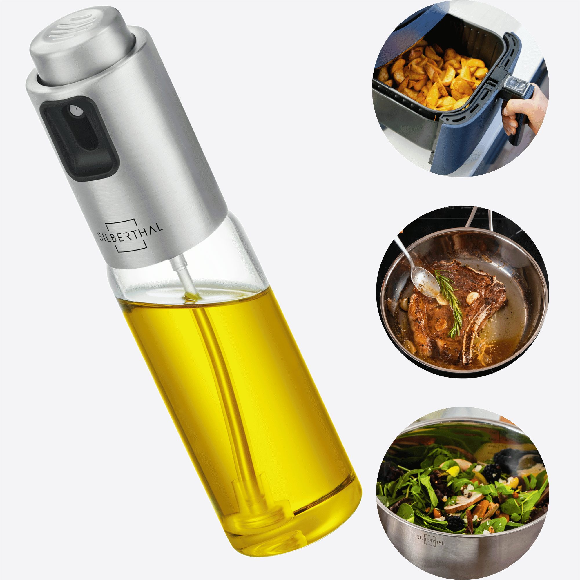 SILBERTHAL Ölspender 2 in 1 Essig- & Ölsprüher, 120ml, Ölflasche aus Glas mit Sprühfunktion, (1-tlg), Salatsaucen Behälter mit integrierter Skala, perfekt zum Mitnehmen