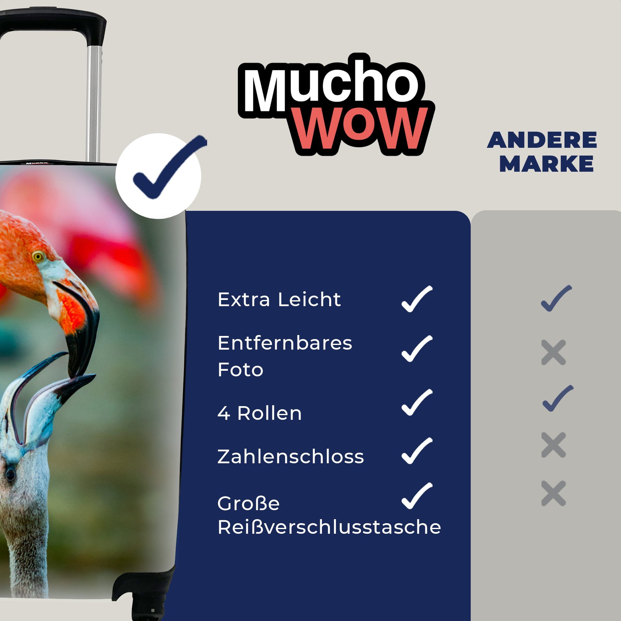 MuchoWow Handgepäckkoffer Flamingos - 4 Trolley, Rollen, Reisekoffer Porträt, Reisetasche für Handgepäck Ferien, rollen, mit Vögel 