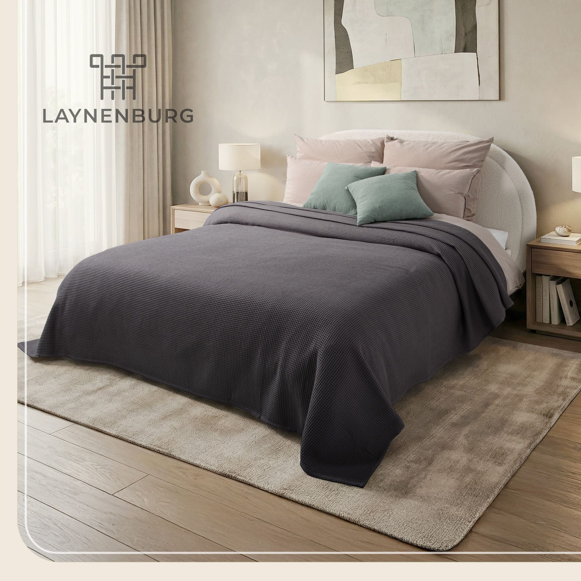 Laynenburg Tagesdecke Waffelpique aus 100% Baumwolle – Baumwolldecke, Kuscheldecke, Wohndecke als Sommerdecke, Bett-Überwurf, Couch-Überwurf, Sofa-Decke