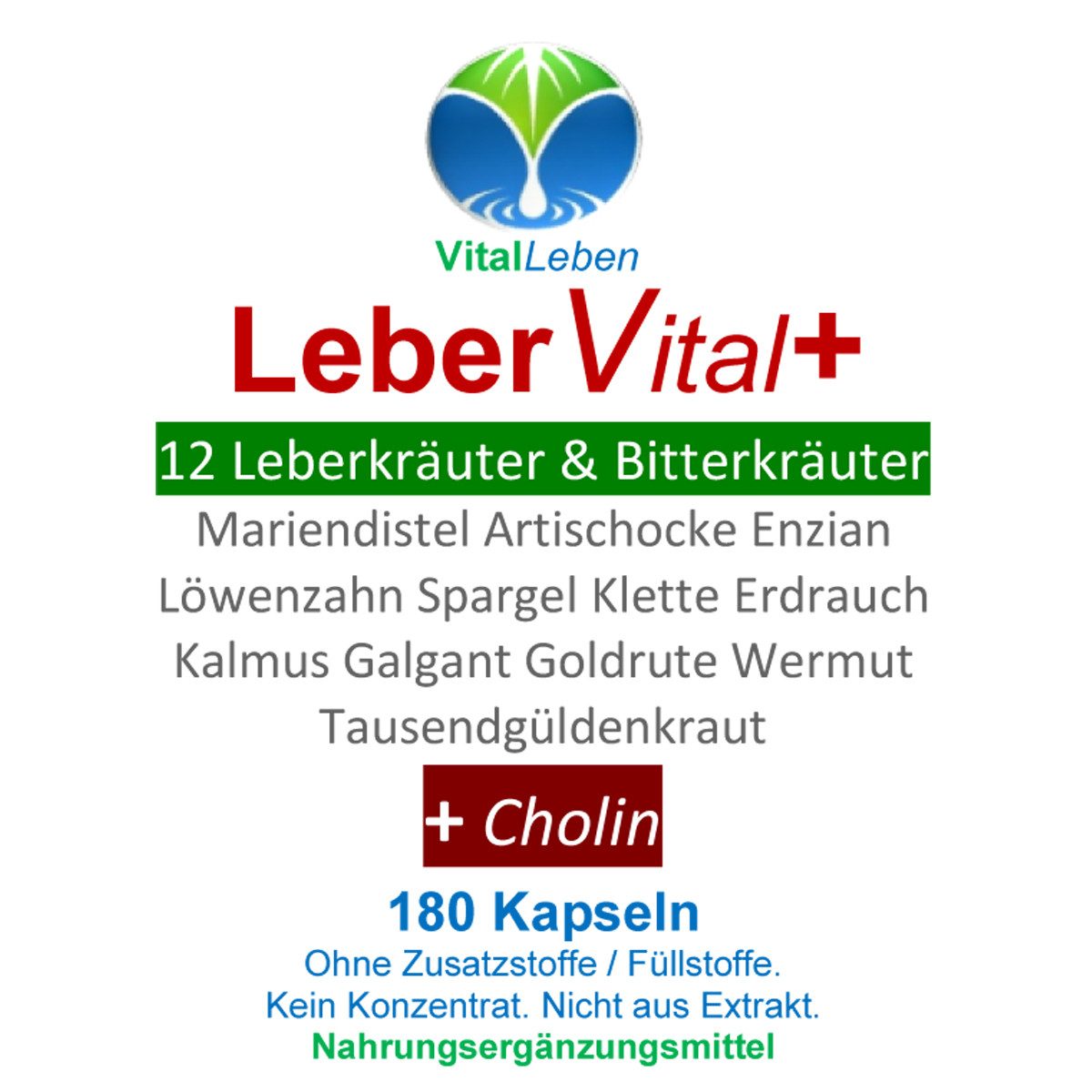 VitalLeben LEBER Vital Komplex 12 Kräuter & Bitterstoffe + CHOLIN Kapseln, 4 er Dose à 180 St., 345,6 g, Art. 26454-720