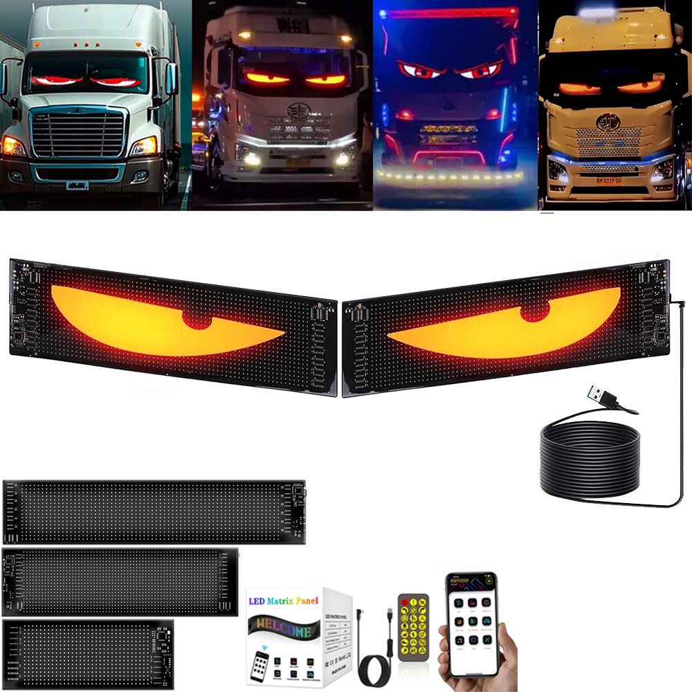 PRIISF Frontscheibenabdeckung Auto Licht Zubehör LED Augen Lkw Devil's Eye Lampe Ambiente Innenraum, (Auto Teufel Augenlicht Flexibler LED Bildschirm Ambiente Beleuchtung, Programmierbare RGB Laufschrift Digital Schild Werbung Reklame Display), Dynamisches Teufelsaugen LED Leuchte LKW Auto Dekoration