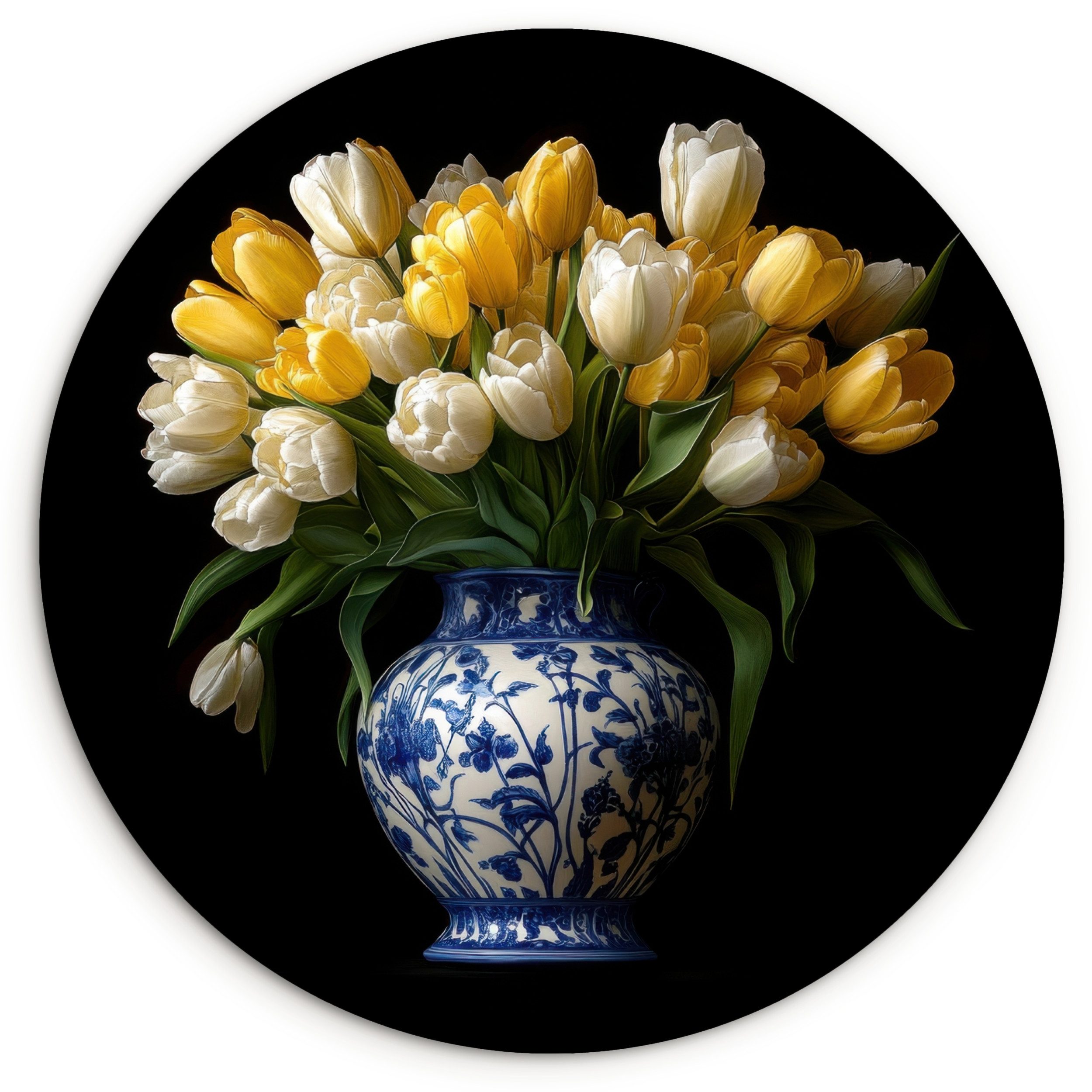 MuchoWow Gemälde Gelb - Tulpen - Vase - Blumen, Fotodruck (1 St), Kreis Wanddekoration, Rundes Wandbild, 30x30 cm