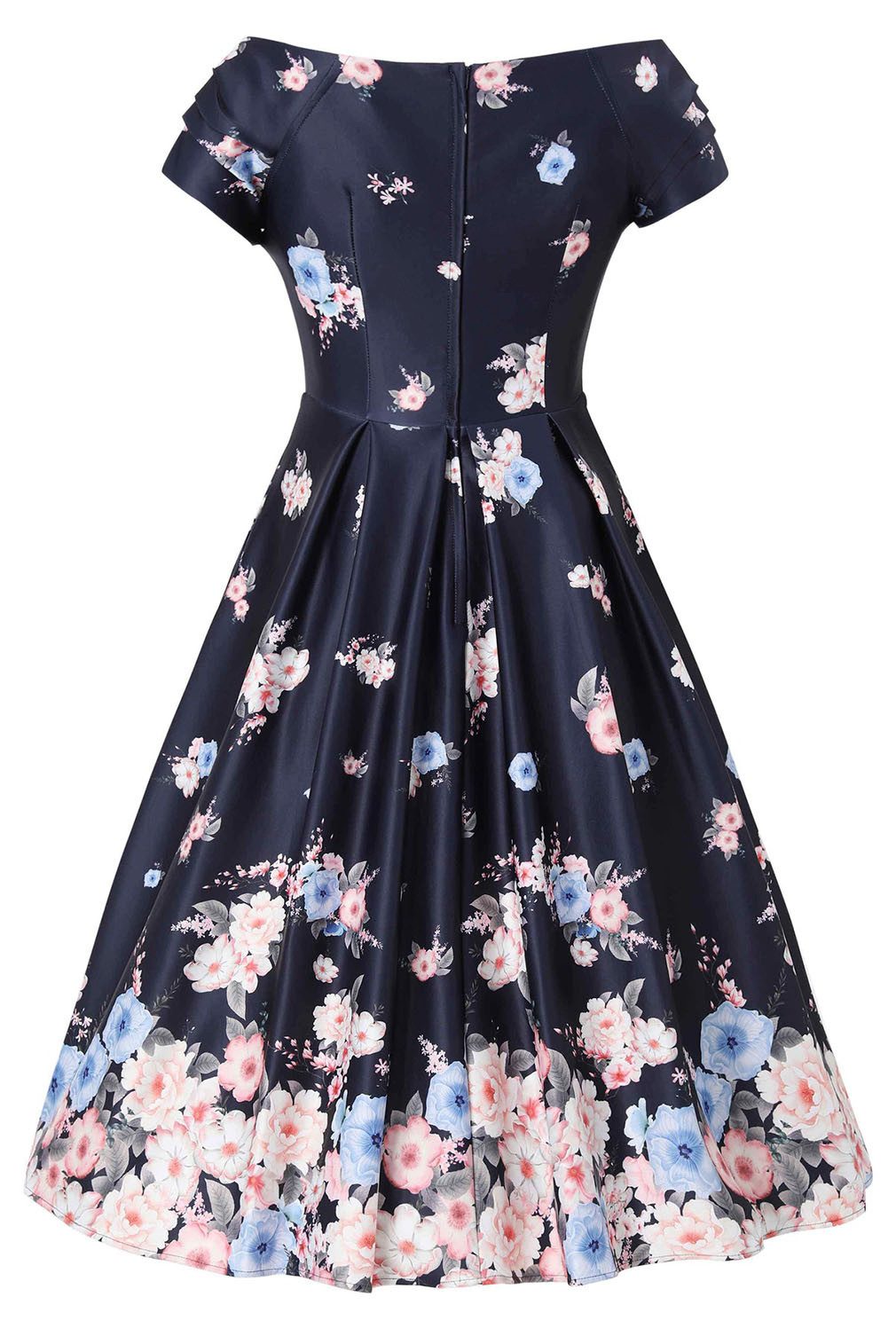 Dolly and Dotty A-Linien-Kleid Lily Navy Blue Falling Rose Off-Shoulder Vintage Retro