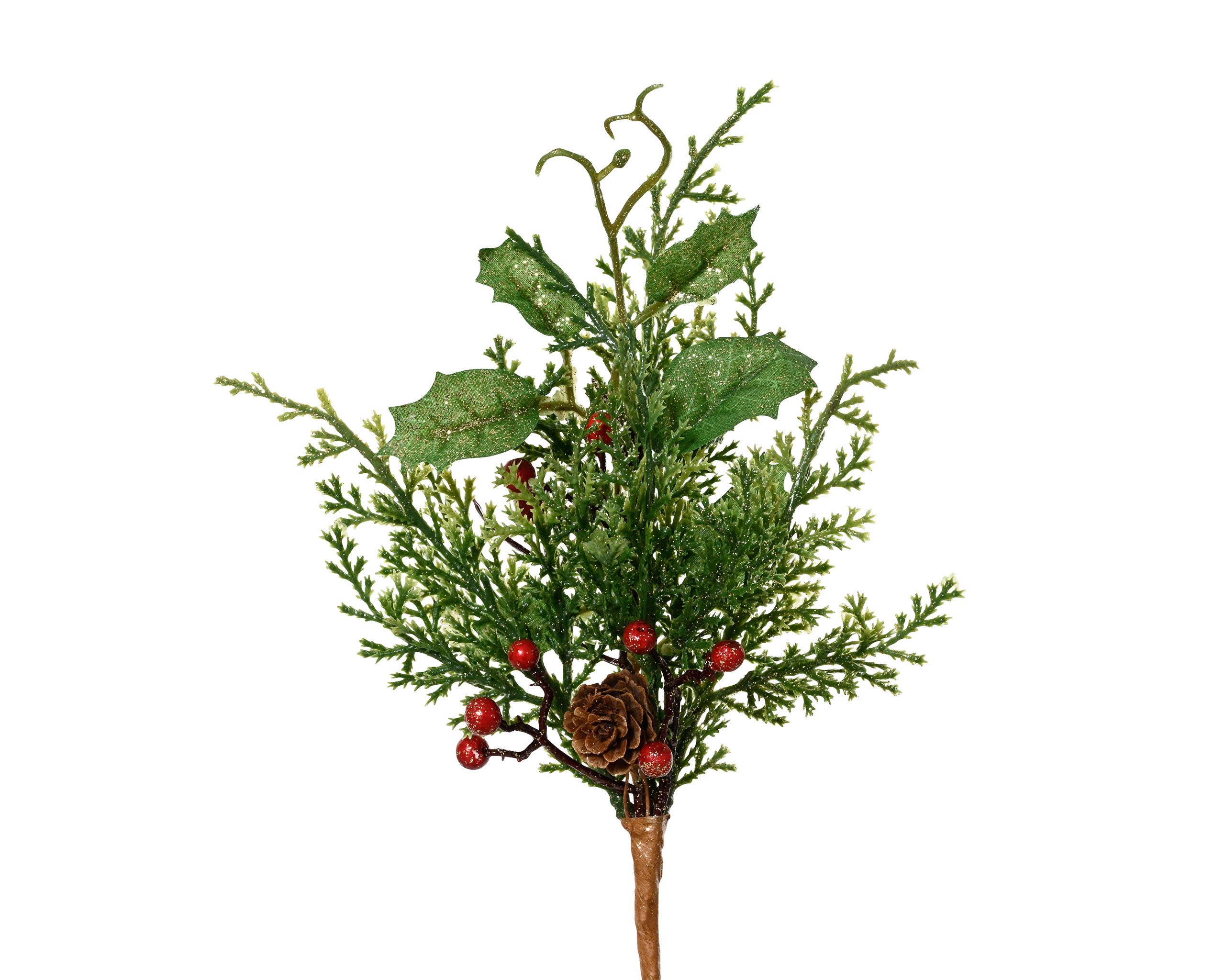 Kunstzweig, Kaemingk, Künstlicher Zweig 25cm mit roten Beeren und Glitzer Grün / Rot