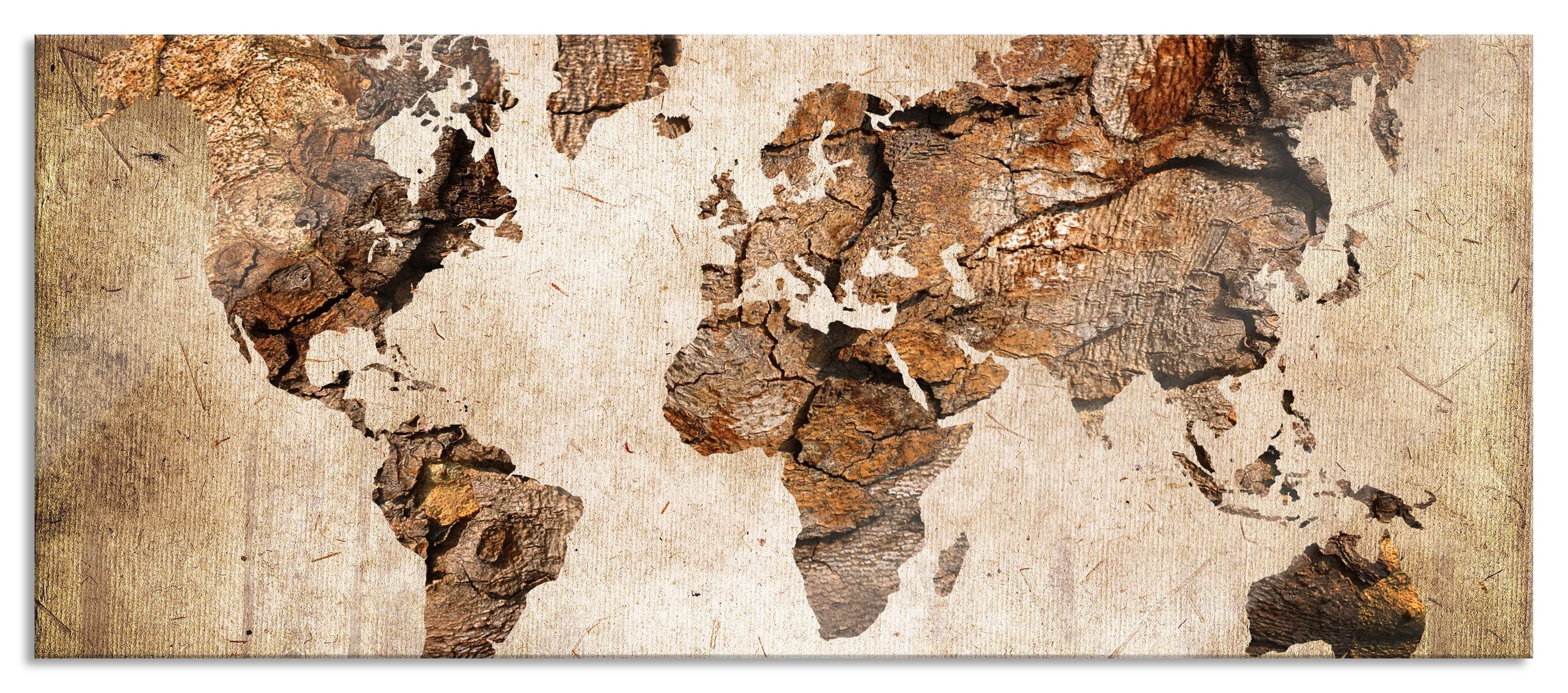 Pixxprint Glasbild Weltkarte auf altem Holz Holz, Echtglas, St), Glasbild und altem aus inkl. Aufhängungen auf (1 Abstandshalter Weltkarte