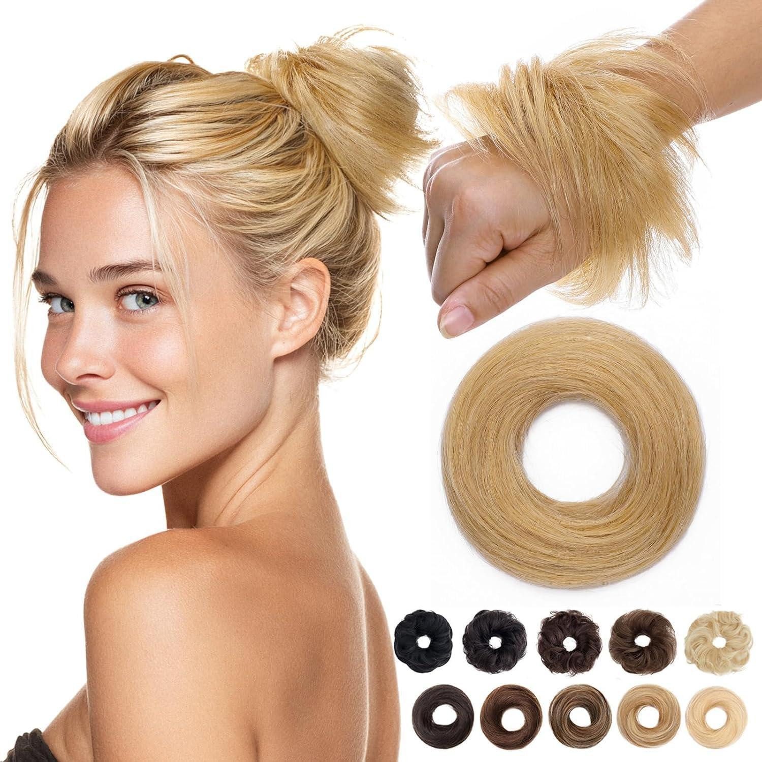 LuxusKollektion Echthaar-Extension Haarteil Dutt Gummiband Haargummi Echthaar Glatt-17g 24 Natürlichblond