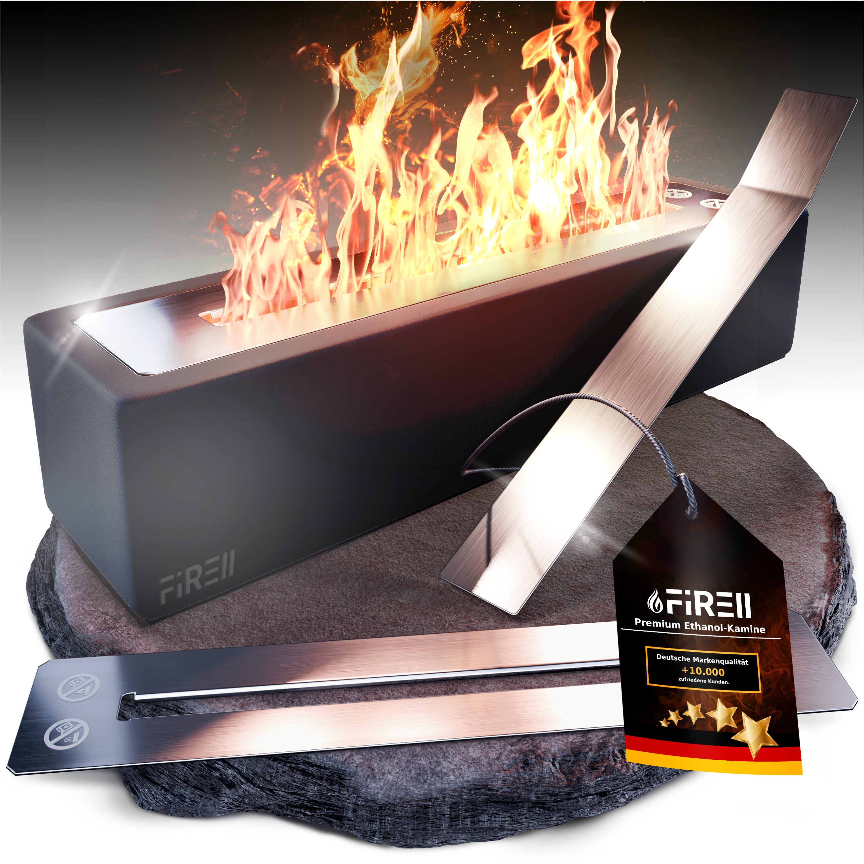 FIRELL Tischfeuer Ethanol Tischkamin Indoor & Outdoor Echtfeuer-Dekokamin (aus massivem Beton, Komplett-Set), verstellbare Flamme, 3h Brenndauer, 4 kg Beton