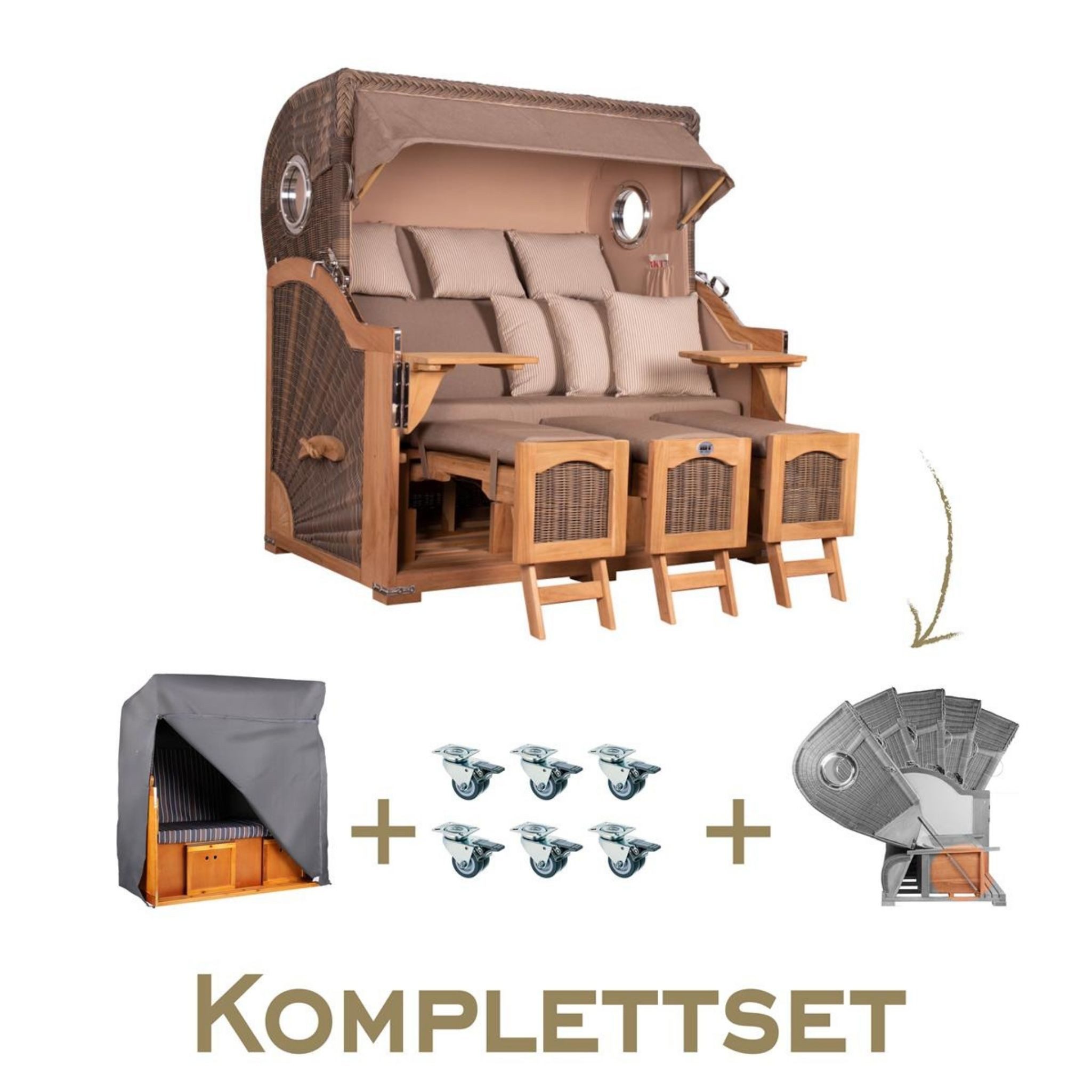 MR.DEKO Strandkorb Komplettset Düne Grande XXL Teak Dreisitzer Volllieger Taupe/Beige, BxTxH: 170x95x170 cm, Volllieger, Düne Grande XXL, (Luxus-Komplettset 4-tlg. inkl. Abdeckhaube, 4-tlg., Strandkorb inkl. Aero Protect, Rollen & Lifter-Set), Wetterfestes Komplettset mit Rollen & Lifter, Fertig montiert