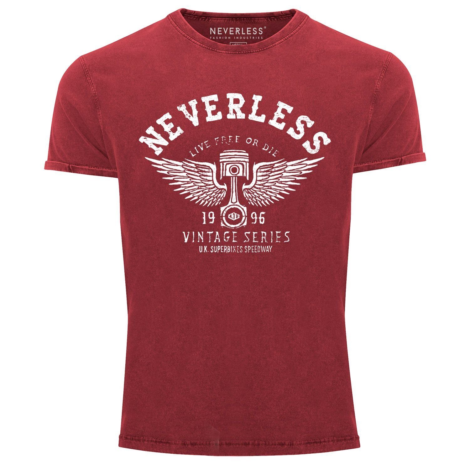 Print-Shirt Retro Herren Angesagtes Slim Print mit T-Shirt rot Fit Neverless® Used Cooles Shirt Look Kolben Auto Vintage Neverless