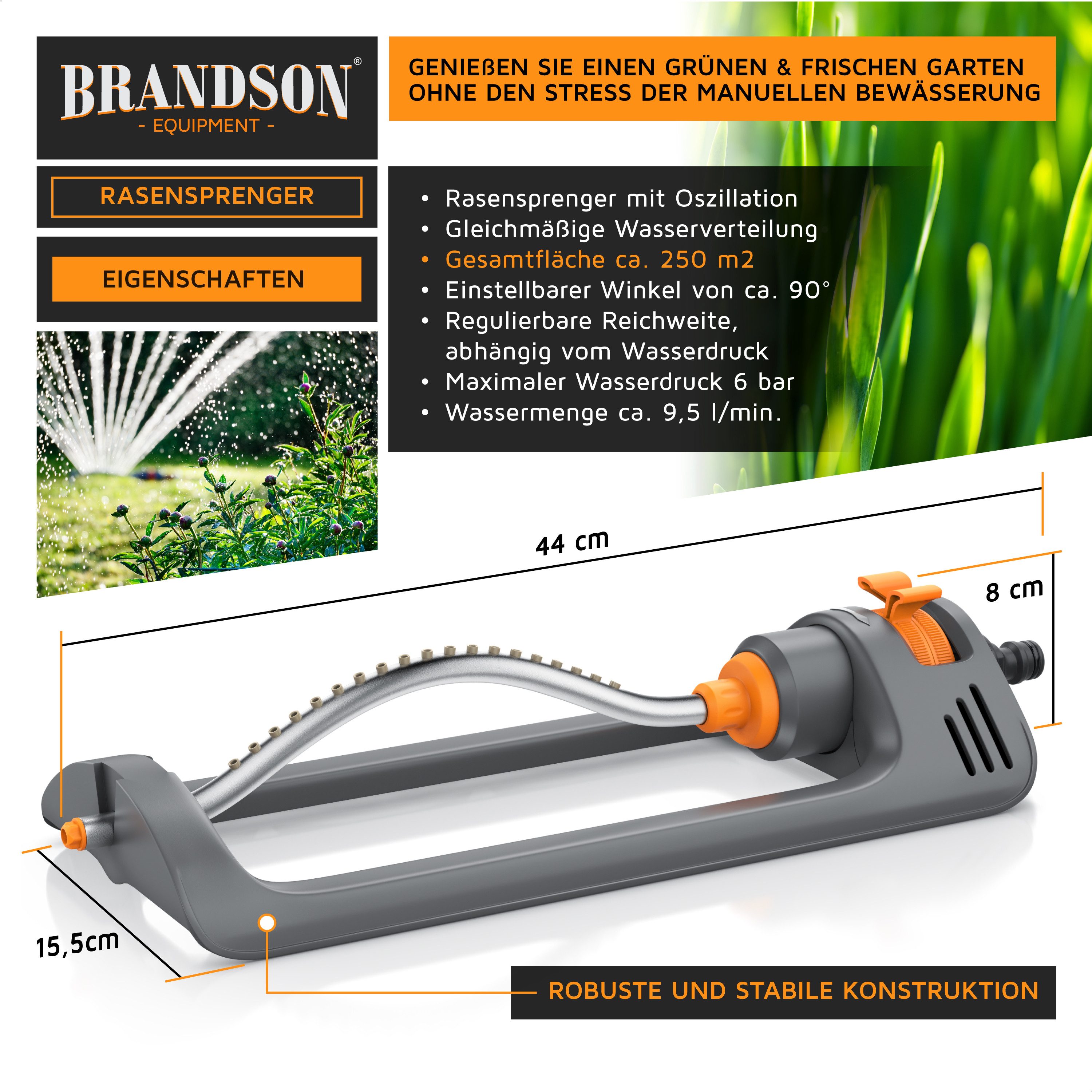 Brandson Viereckregner Garten Rasensprenger, Vierecksprenger, Oszillations-Regner, Sprinkler, für Flächen bis 153 m², (1-St), Rasen Bewässerung, Reichweite bis zu 14 m Ø