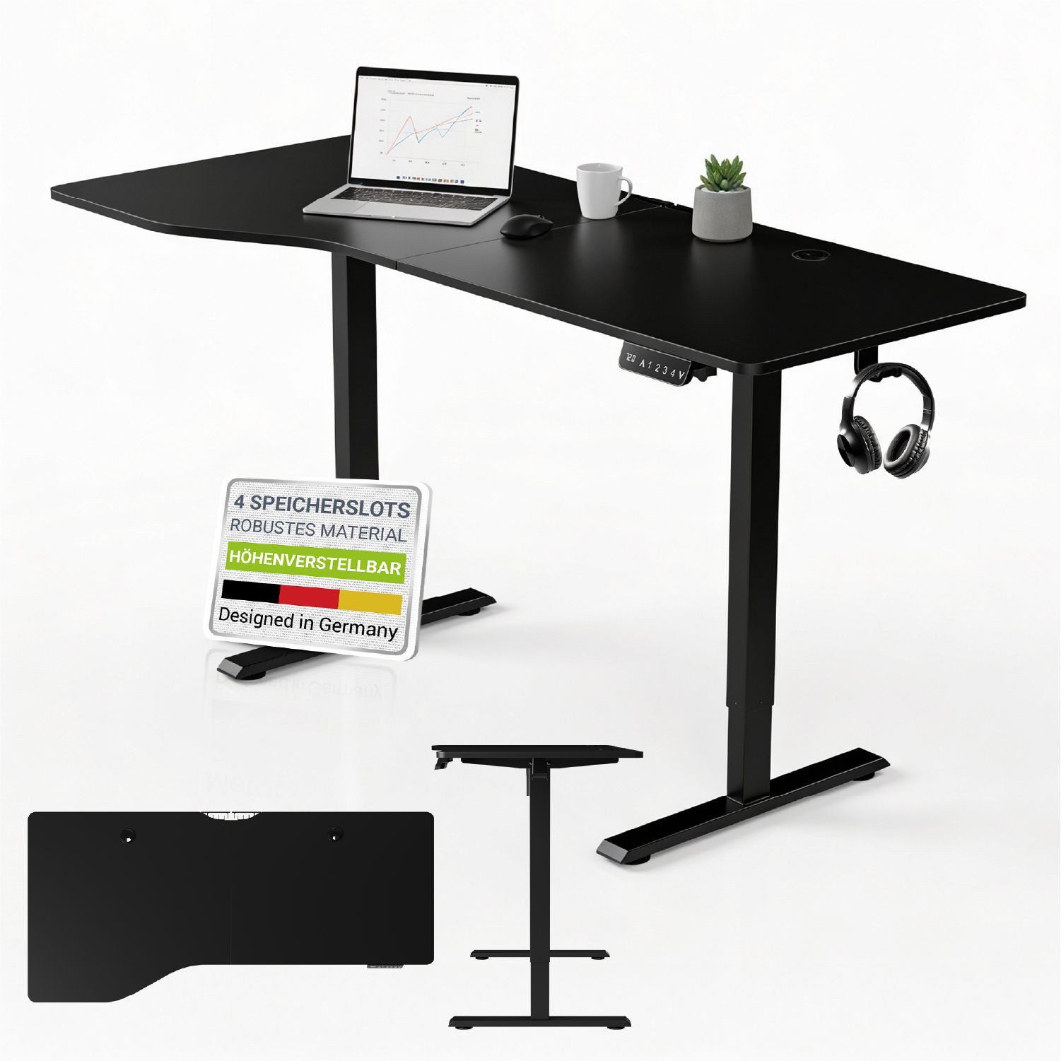 Juskys Schreibtisch Office Stand, 160 x 75 cm, elektrisch verstellbar, Headset-Halterung, Kabelführung