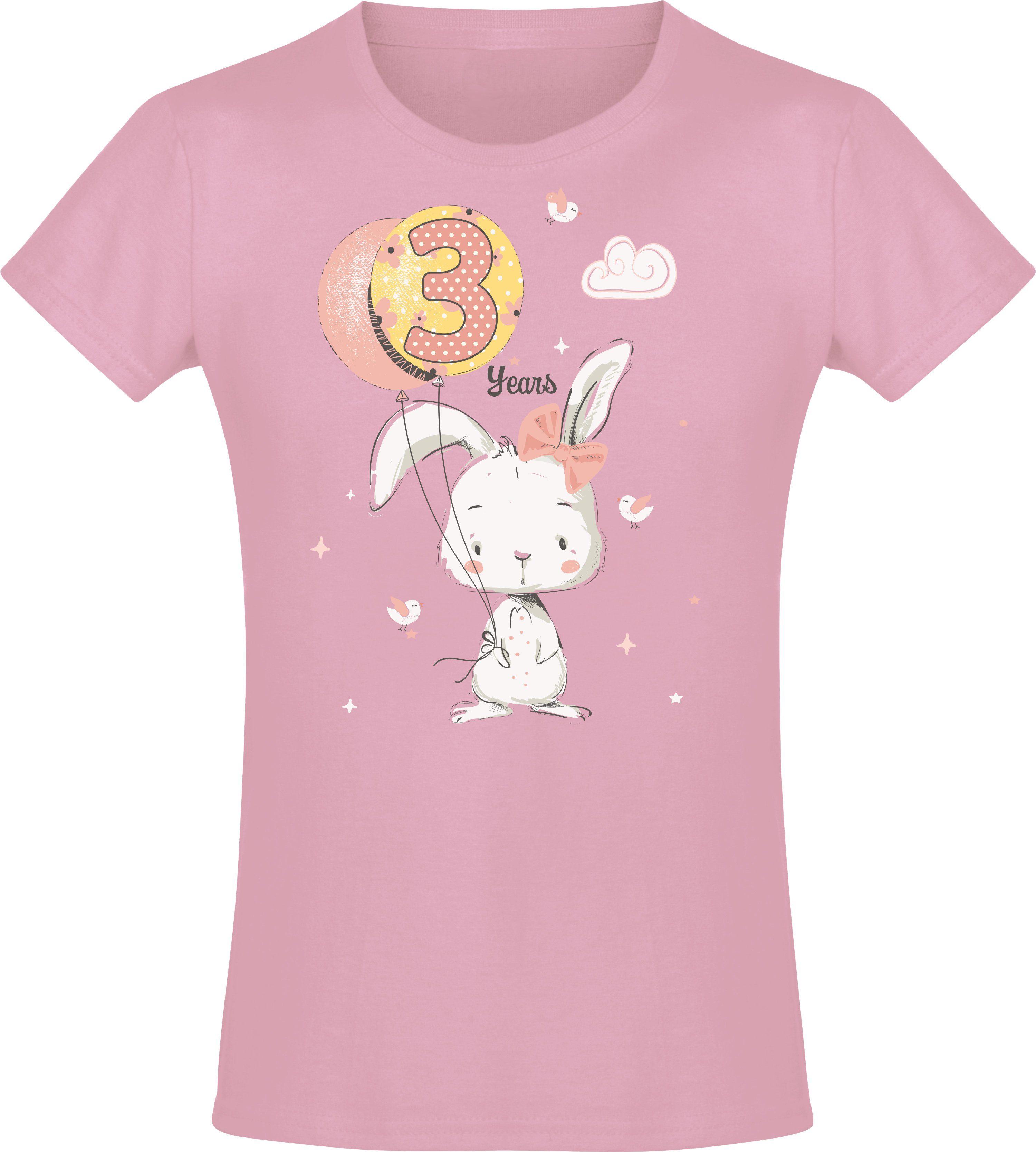 Baddery Print-Shirt Geburstagsgeschenk für Mädchen : 3 Jahre mit Hase hochwertiger Siebdruck, aus Baumwolle Light Pink