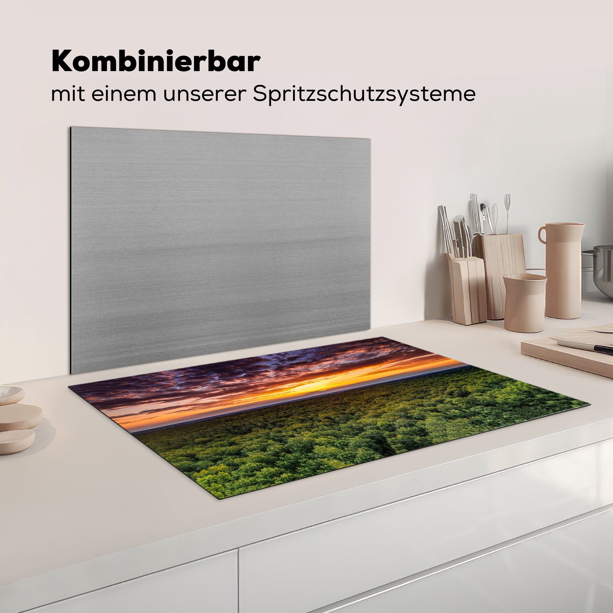 (1 Arbeitsplatte - küche Nacht Horizont tlg), Vinyl, Wald Bäume, - - für Ceranfeldabdeckung, MuchoWow 81x52 Himmel Herdblende-/Abdeckplatte cm, -