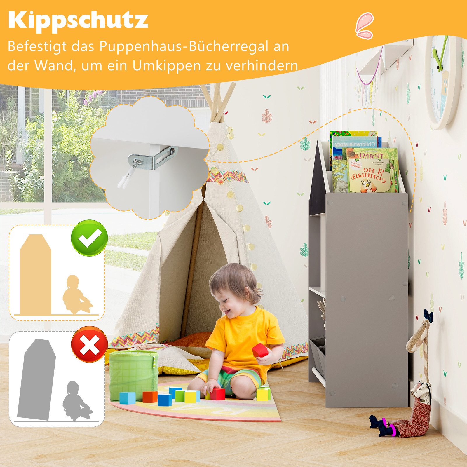 KOMFOTTEU Bücherregal, mit Tafel, 4 oberen Fächern, 2 offenen Fächern & 2 Stoffboxen