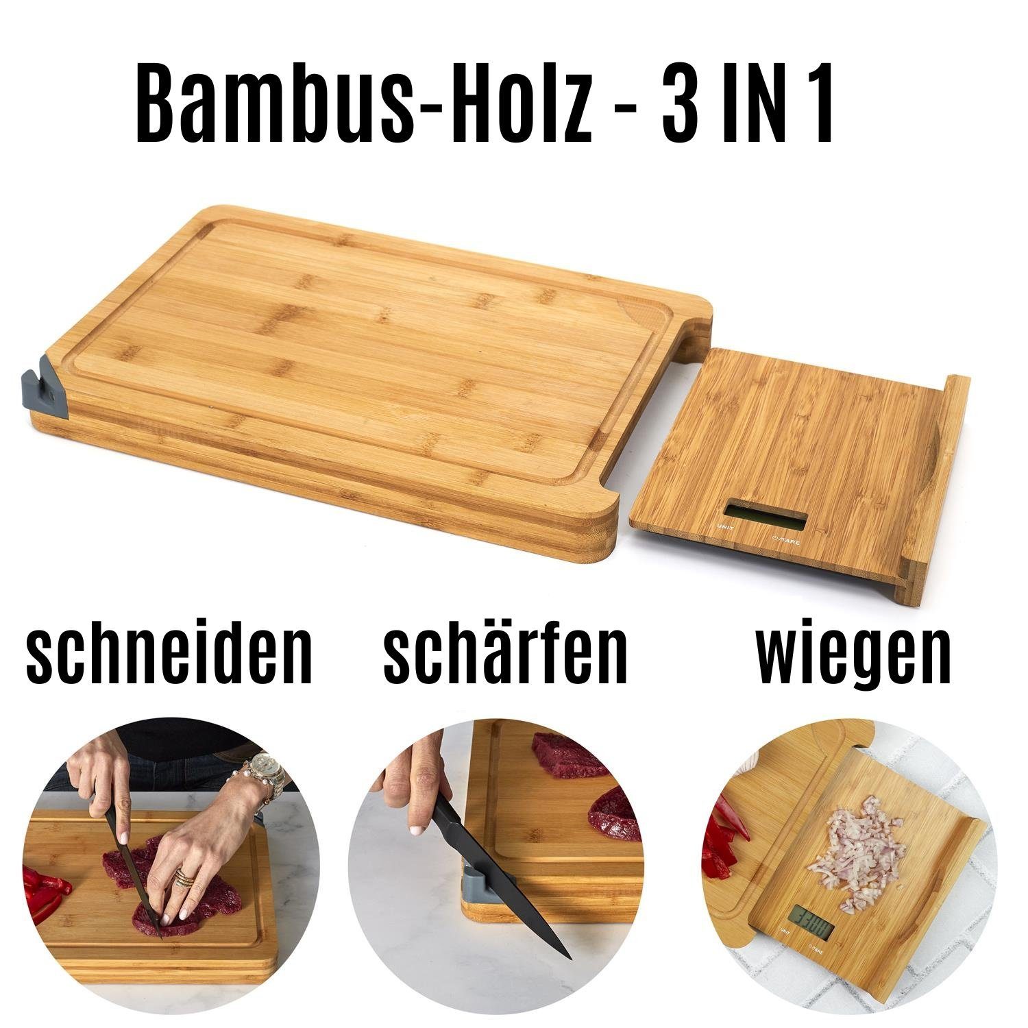 Bambus o. sowie CONCEPT Auffangschale u. integriertem mit Schneidebrett, Küchenwaage Sieb COOK Messerschärfer Bambus-Holz, Waage Messerschärfer &