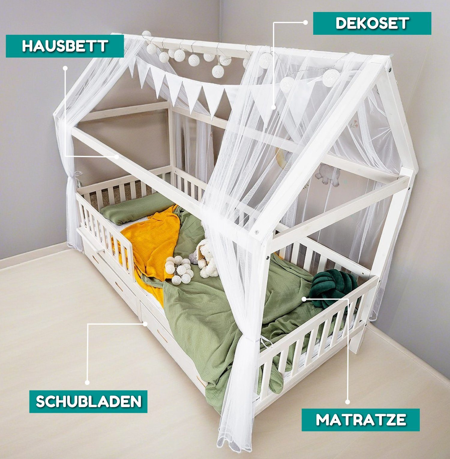 KOMPLETT Schubkästen I Set 90x200 cm Weiß I und Rausfallschutz mit Lattenrost Matratze Dekoset Deko I - Massivholzbett inkl. Jugendbett Schubladen weiß cm), Home® FSC SET Hausbett Schubladen, CLOUD 200x90 KOMPLETT Alavya mit Liegefläche - Weiß mit Kiefernholz und Matratzen 2 mit massivem I zertifizierter und aus (Kinderbett