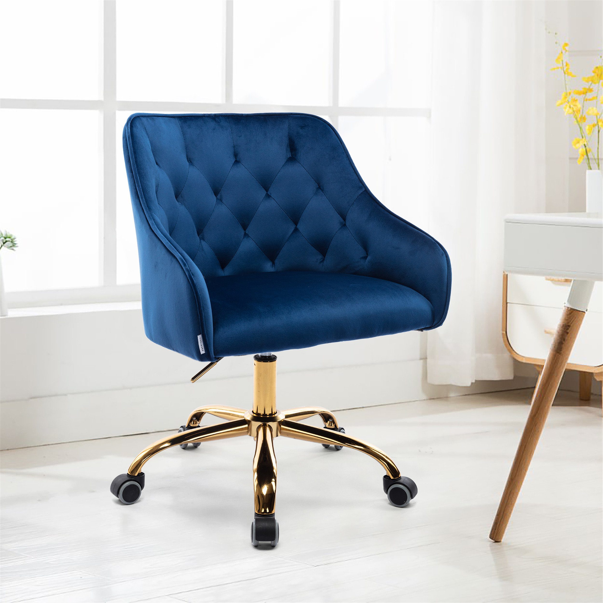 Schreibtischstuhl, Ulife Drehstuhl Stuhl (1 St), Basis goldfarbener mit höhenverstellbar gepolstert Samt Blau