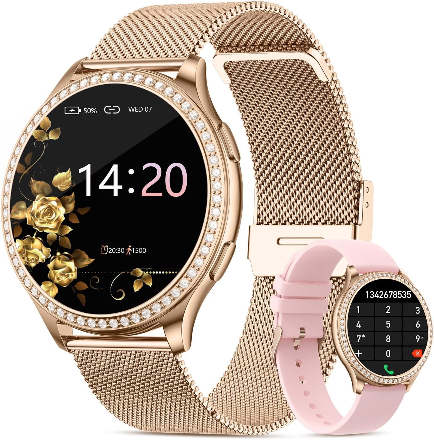 RifePhi AK53 Smartwatch (3,3 cm, android ios), Damen Smartwatch mit Bluetooth Telefonie Gesundheitsfunktionen