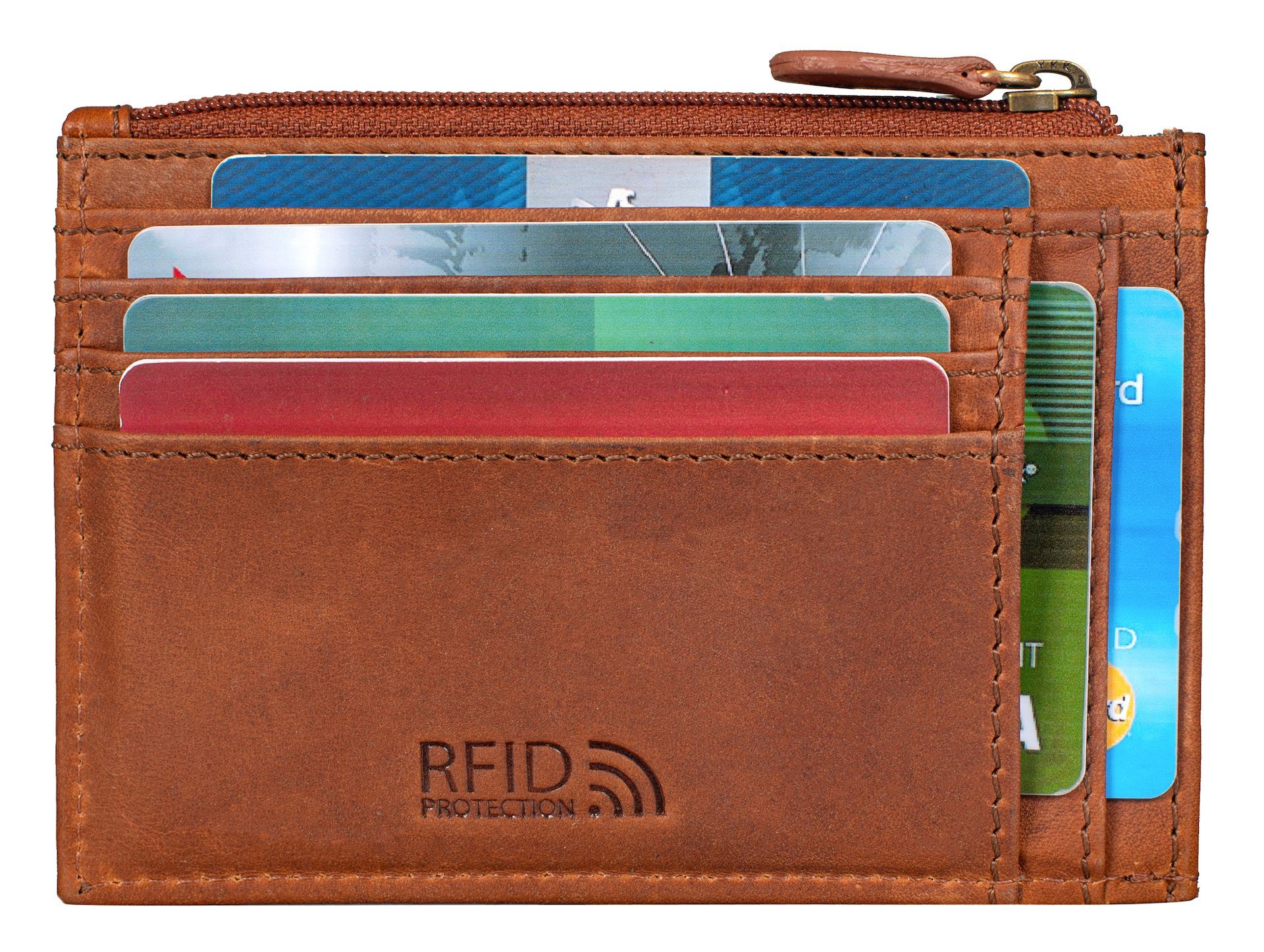 Braun Kartenetui Benthill Leder Mini Portemonnaie Echt RFID-Schutz Slim Wallet, Münzfach Kartenfächer Geldbörse Reißverschlussfach Kreditkartenetui