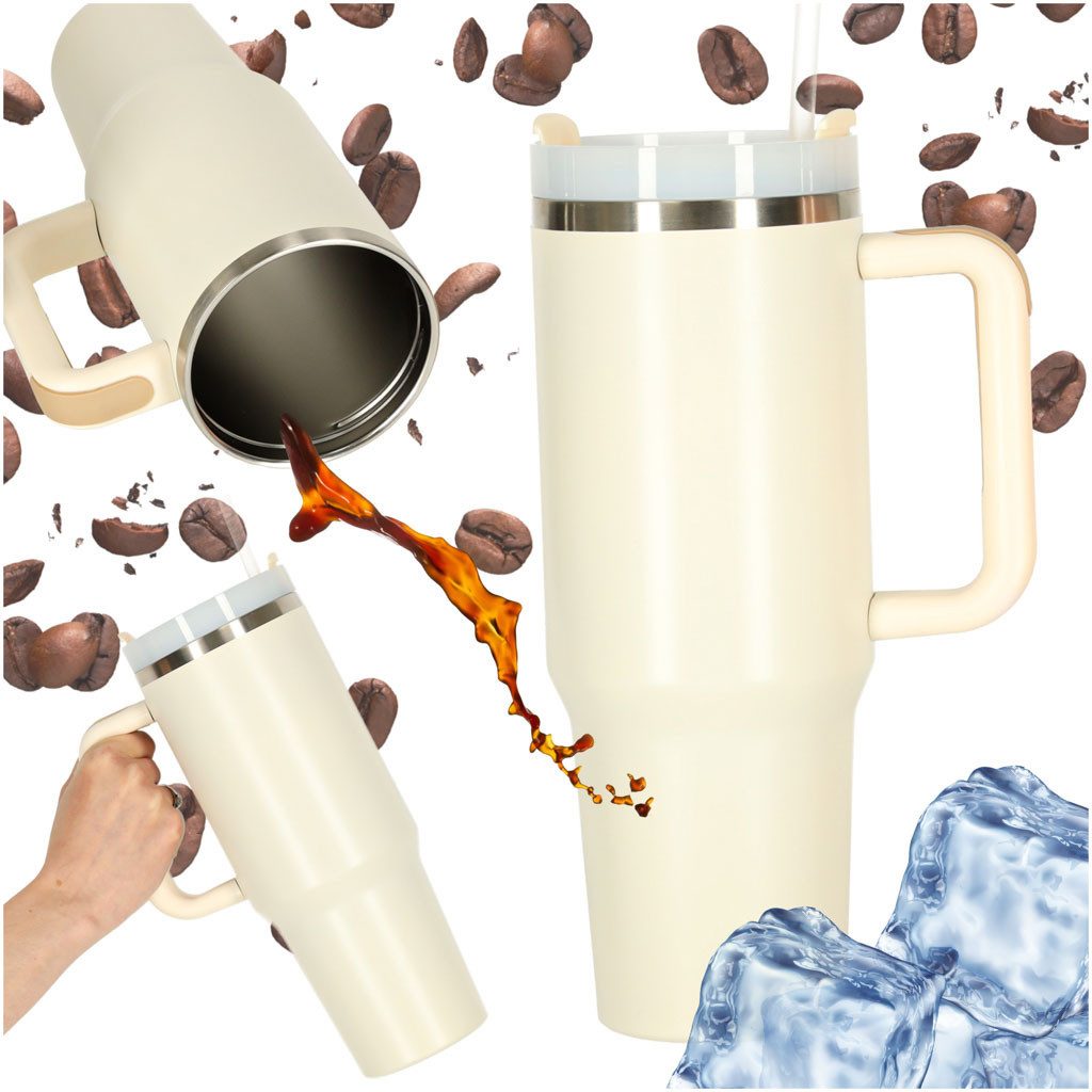 Ikonka Thermobecher Thermobecher 1200 ml mit Strohhalm und Griff Schwarz/Weiß, 1200 ml, Edelstahl, doppelwandig, Griff, Strohhalm, isolierend