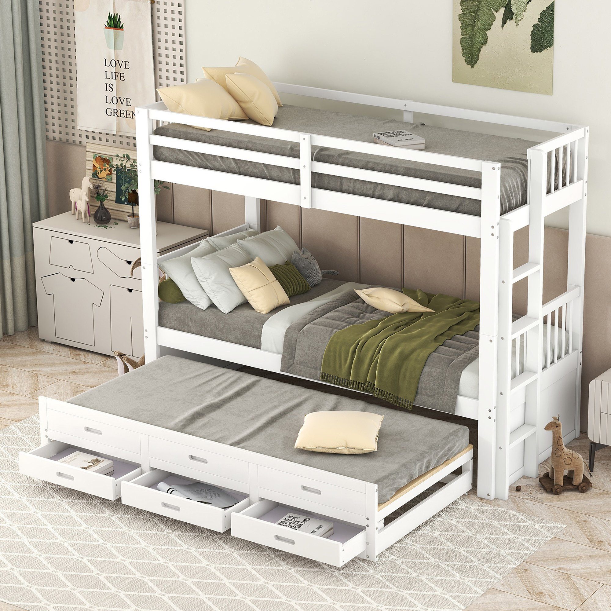 OKWISH Etagenbett Kinderbett, Hausbett für Mädchen und Jungen, Bett (mit Leiter undausziehbarem Bett und 3 Schubladen), Ohne Matratze weiß