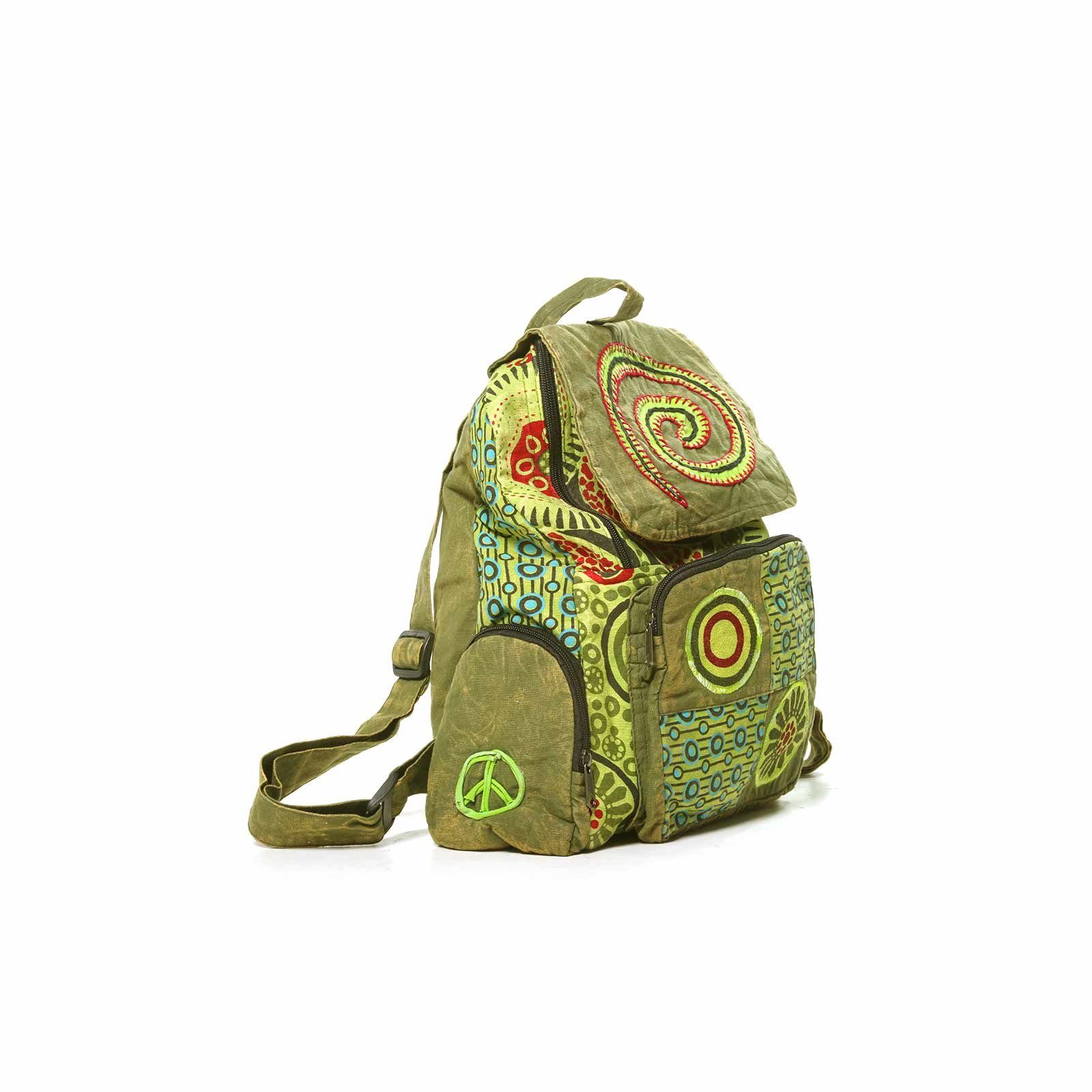 Rucksack Nepal Kunst KUNST "Spirale" UND Rucksack und Grün Bunt Stonewashed Magie Hippie MAGIE Fair