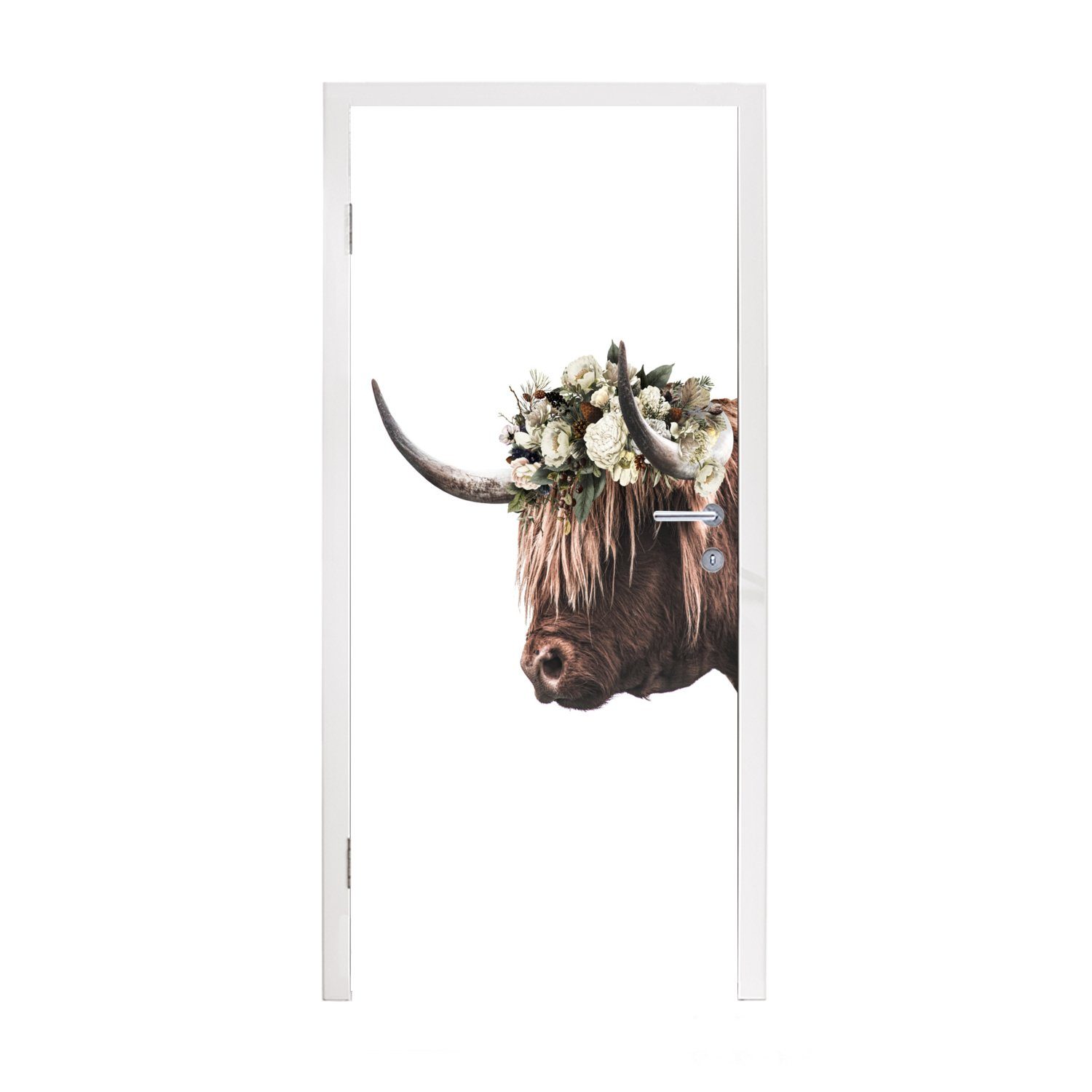 MuchoWow Türtapete Schottischer Highlander - Kuh - Rosen, Matt, bedruckt, (1 St), Fototapete für Tür, Türaufkleber, 75x205 cm