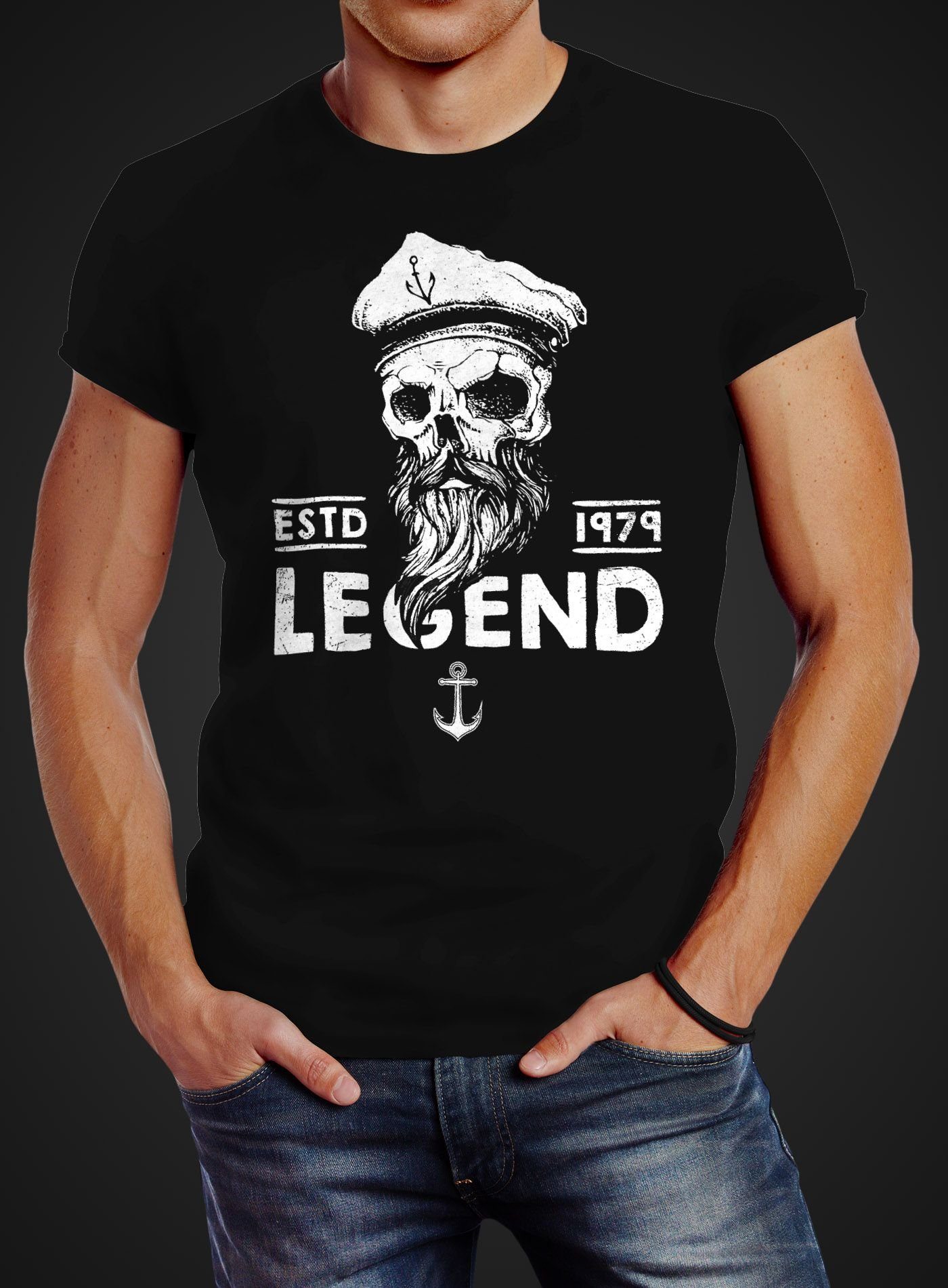 Neverless Print-Shirt Herren Kapitän Print mit Captain Skull Bart Totenkopf Fit Slim schwarz Neverless® T-Shirt Legend