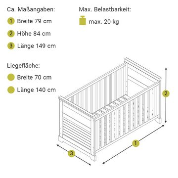 Lomadox Babyzimmer-Komplettset AVON-78, (3-St), Gitterbett 70x140, Wickelkommode, Wandregal, Kiefer massiv weiß, grau