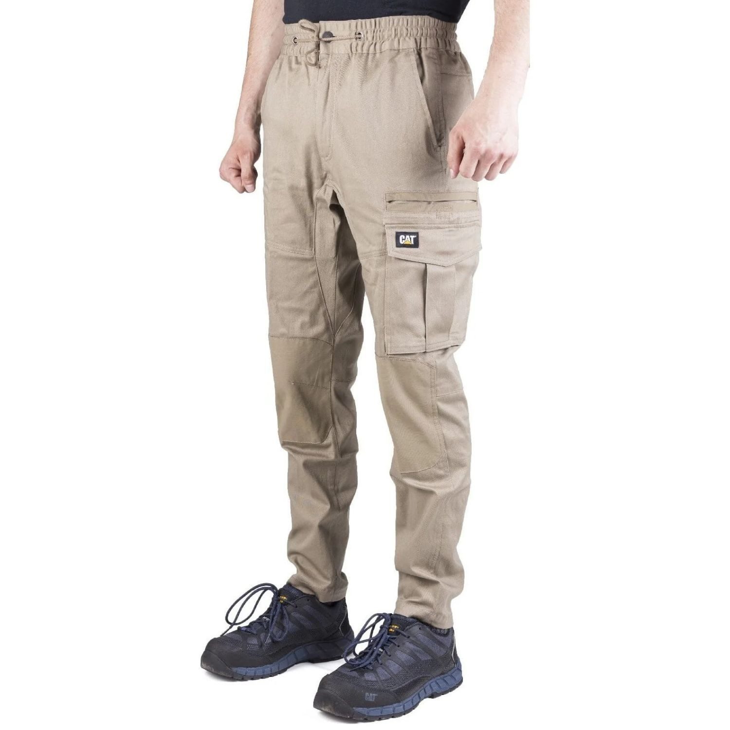 CAT CATERPILLA Arbeitsbundhose Arbeitshose mit Bund Dynamic Khaki (Packung, 97% Baumwolle) Cat by Caterpillar Logo Bundhose Taschen Flexibel Bewegungsfreiheit