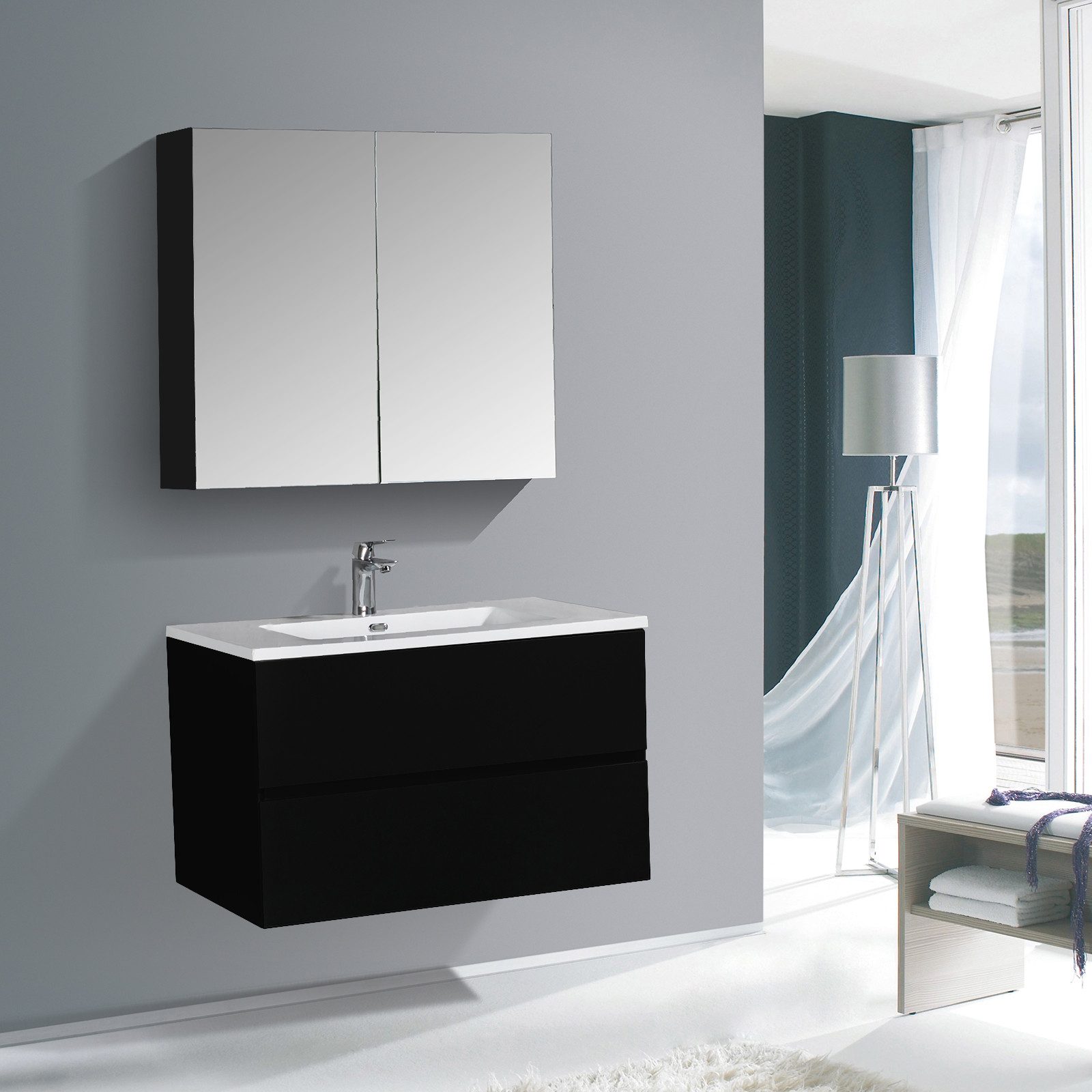 Bernstein Badmöbel-Set EDGE 750 Schwarz matt / Weiß glänzend, Badmöbel Set 75cm Unterschrank Gussmarmor Waschbecken Soft-Close