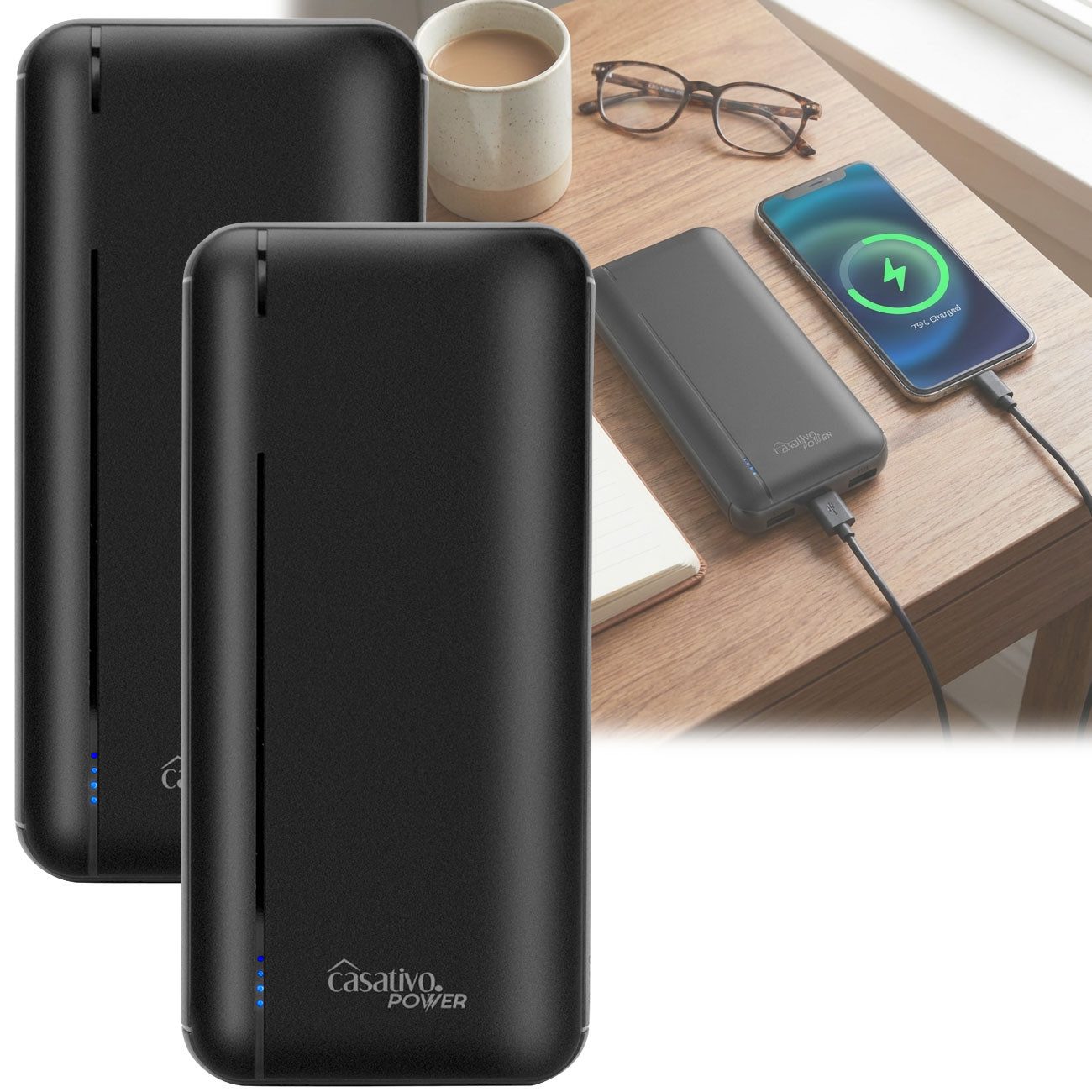 Casativo Kompakte Powerbank 20.000 mAh 3 USB-Ports, Quick Charge 3.0 Smartphone-Ladegerät (2-tlg., gleichzeitige Ladungen von 3 Geräten, 3 A / 15 Watt, 2 USB-A-Ladeports)