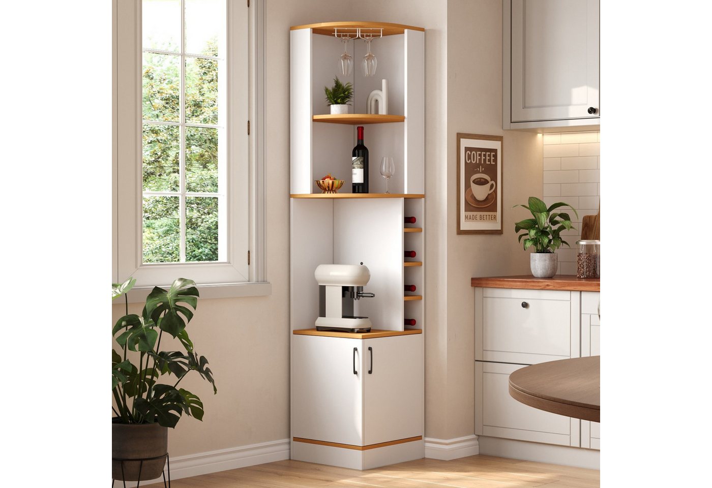 Flieks Eckschrank Hochschrank mit Weinglasregal, Gläserhalter, Ablagen und 2 Türen (40×40×182 cm, 1-St) Mehrzweckschrank Eckregal Küchenschrank Landhausstil Weiß