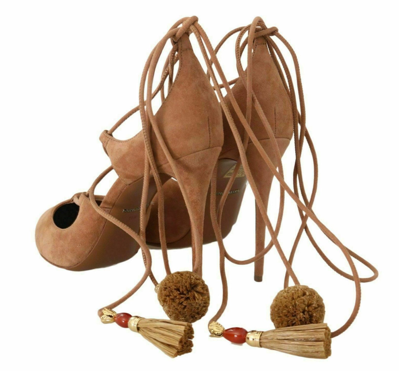 DOLCE & GABBANA Coco Schuhe Ankle Strap Tassel Suede High Heels Pumps Schnürung mit verzierten Enden (Quasten, Schmuck, Pompon)