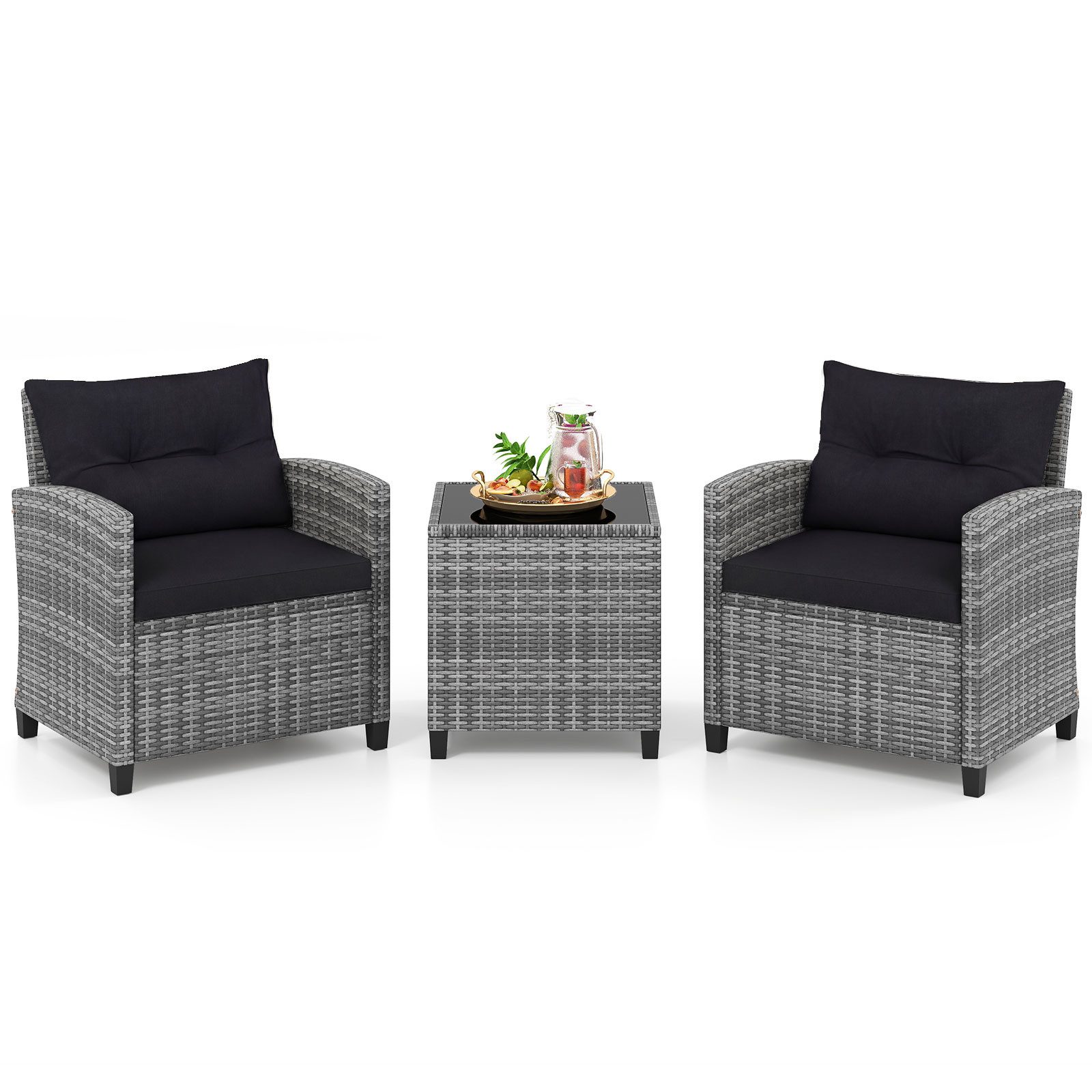 COSTWAY Balkonset, (3-tlg), Rattan Gartenmöbel Set, Balkonmöbel klein mit Kissen