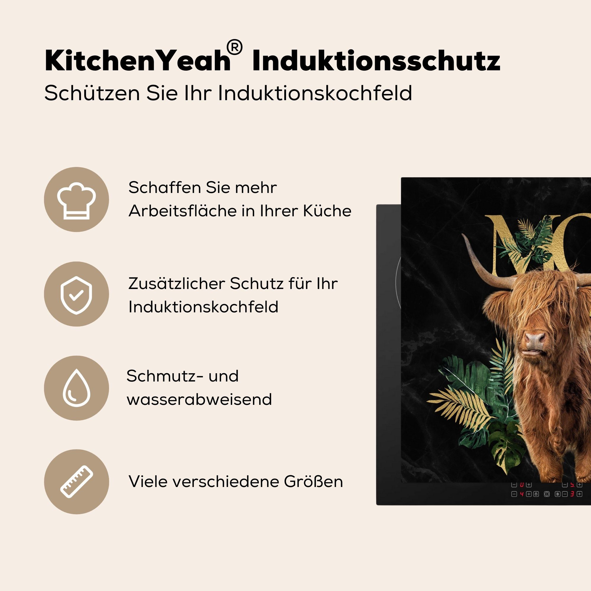 MuchoWow Herdblende-/Abdeckplatte Schottischer Highlander - für tlg), küche, Ceranfeldabdeckung cm, - die Gold Vinyl, (1 59x52 Marmor, Induktionsmatte