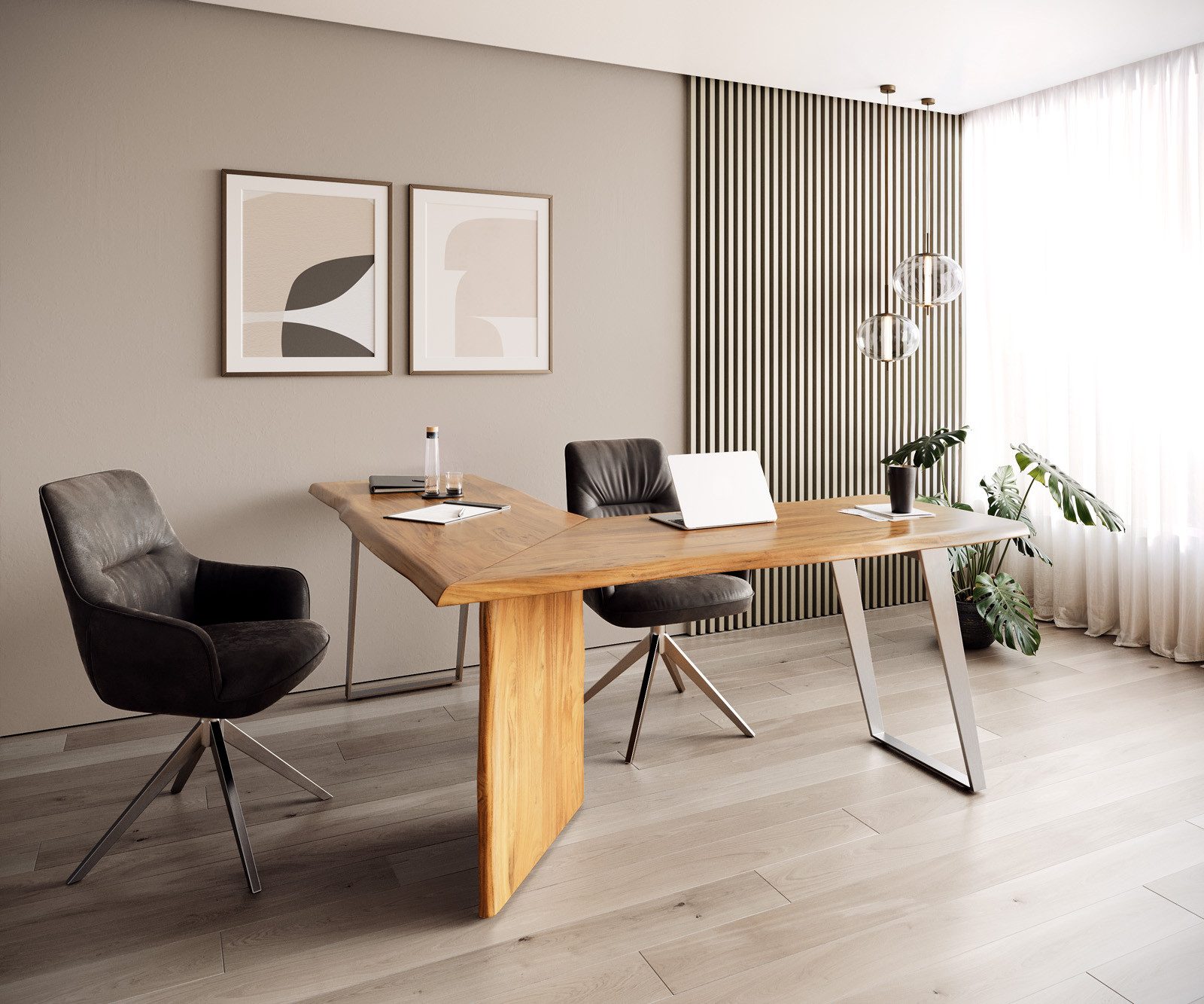 DELIFE Schreibtisch Live-Edge, Akazie Natur 170x170 Gestell Silber Baumkante Schreibtisch