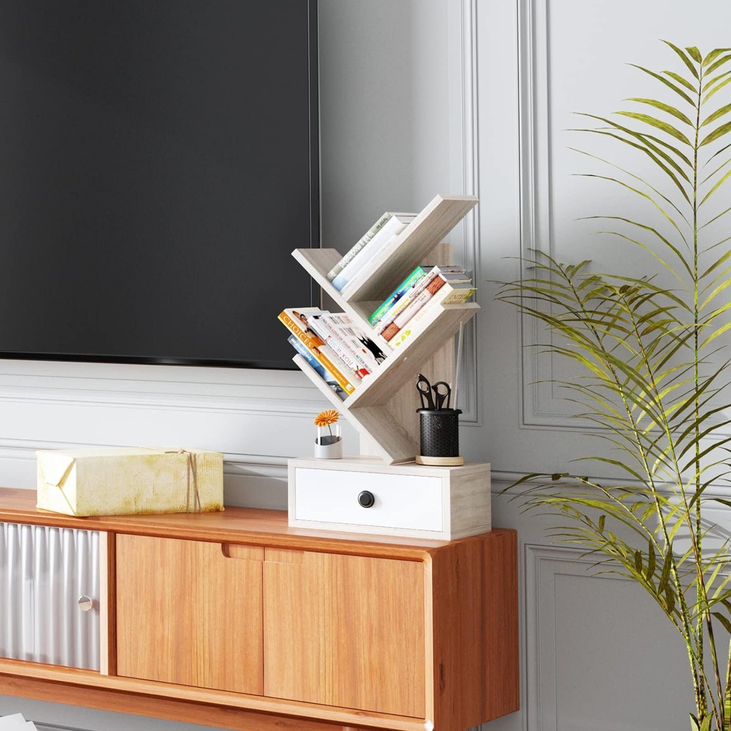 KOMFOTTEU Bücherregal in mit beige Baumform, Schublade, x 17,5 60cm 30 x