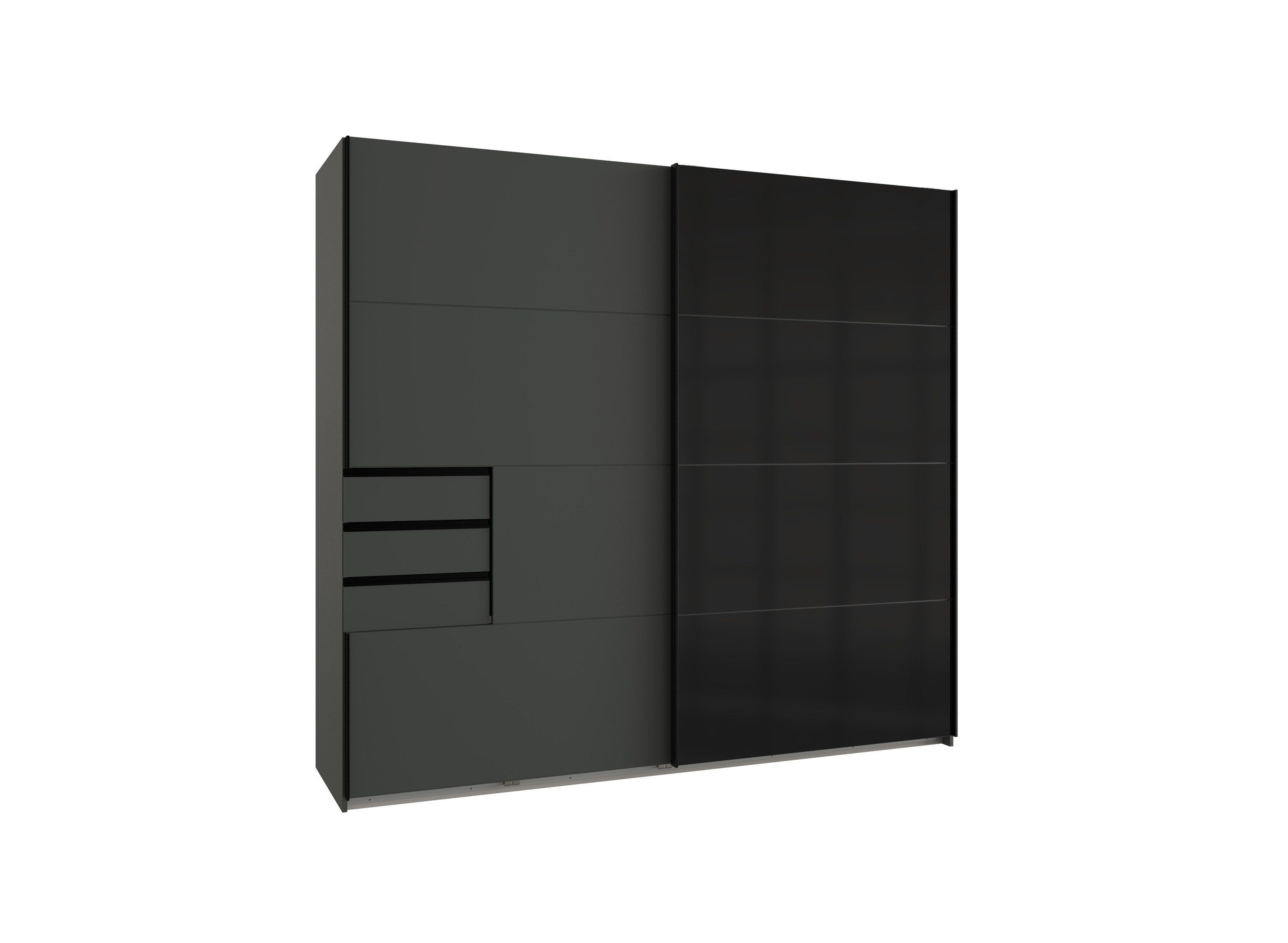 freiraum Schwebetürenschrank Saigon 3 Schübe, in GRPAHIT + GLAS SCHWARZ - 225x208x64cm (BxHxT)